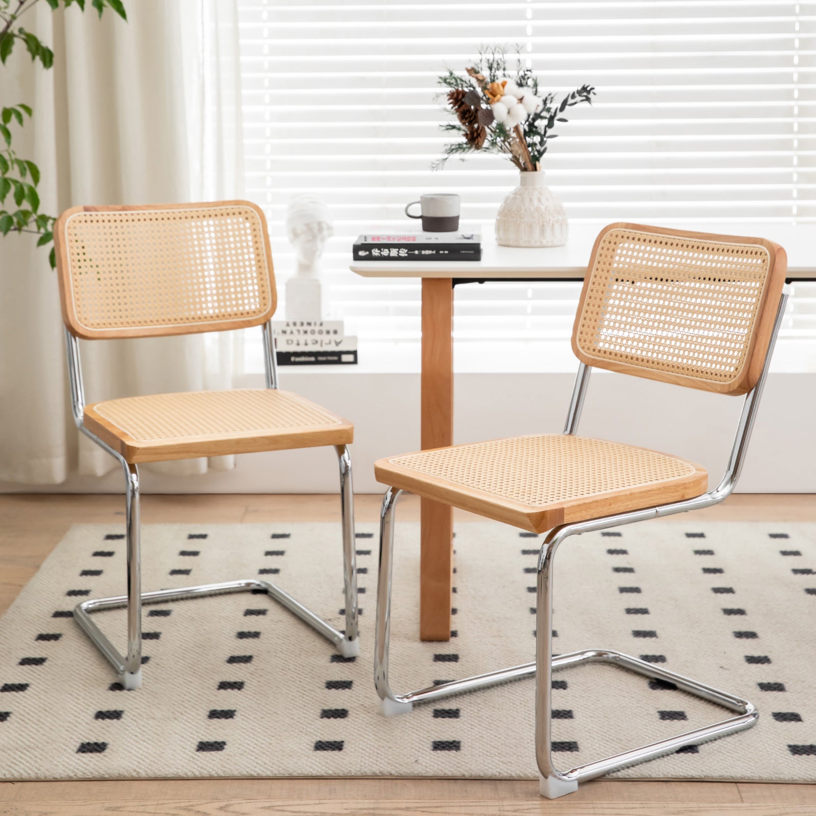 Dining Chairs Set Of 2, Velvet Rattan Side Accent Chairs With Chrome Legs, Modern Mid Century Breuer Designed Chairs, Upholstered Dining Living Room Kitchen Chairs Burly Wood Wood Stainless Steel