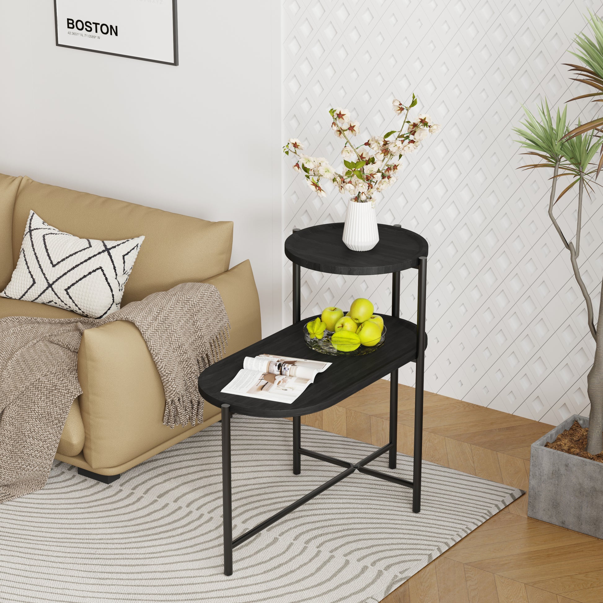 Round Coffee Table With Storage Tray 2 Tier Oval End Tables Wooden Small Side Table For Living Room Black Black Primary Living Space Modern Freestanding Round Shelves Coffee & End Tables Round Metal