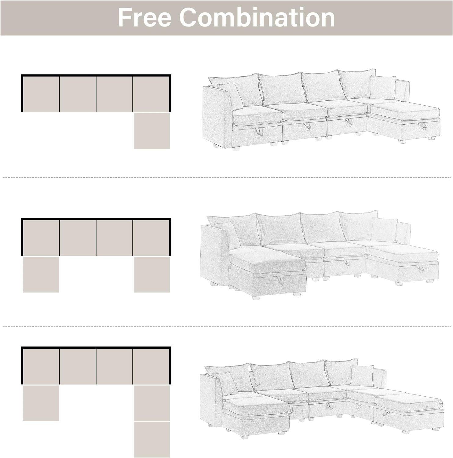 Modular Sectional Sofa, Convertible Sofa Couch With Storage, Sleeper Sectional Sofa Set, Flexible Modular Combinations Fabric Couch For Living Room Beige,5 Seat Sofa Beige Wood Soft Heavy Duty Fabric 5 Seat