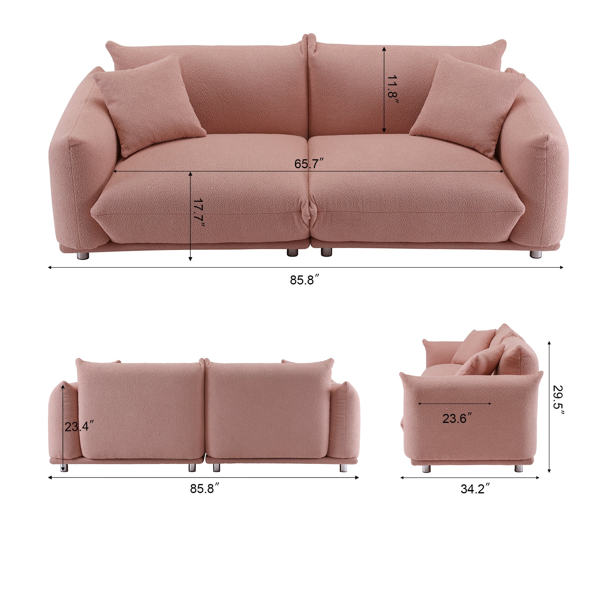 Oversized Loveseat Sofa For Living Room, Sherpa Sofa With Metal Legs, 3 Seater Sofa, Solid Wood Frame Couch With 2 Pillows, For Apartment Office Living Room Pink Pink Wood Primary Living Space Medium Soft Heavy Duty Eucalyptus Foam Fabric 2 Seat