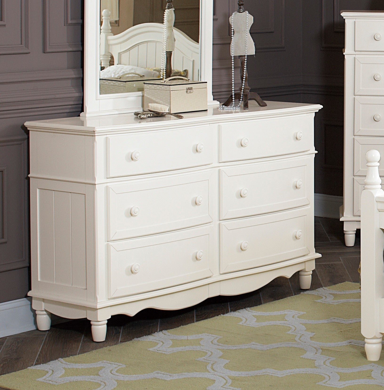 Classic Traditional White Finish 6 Drawers Dresser 1Pc Decorative Accents Wooden Bedroom Furniture Turned Feet White Bedroom Classic,Traditional Wood
