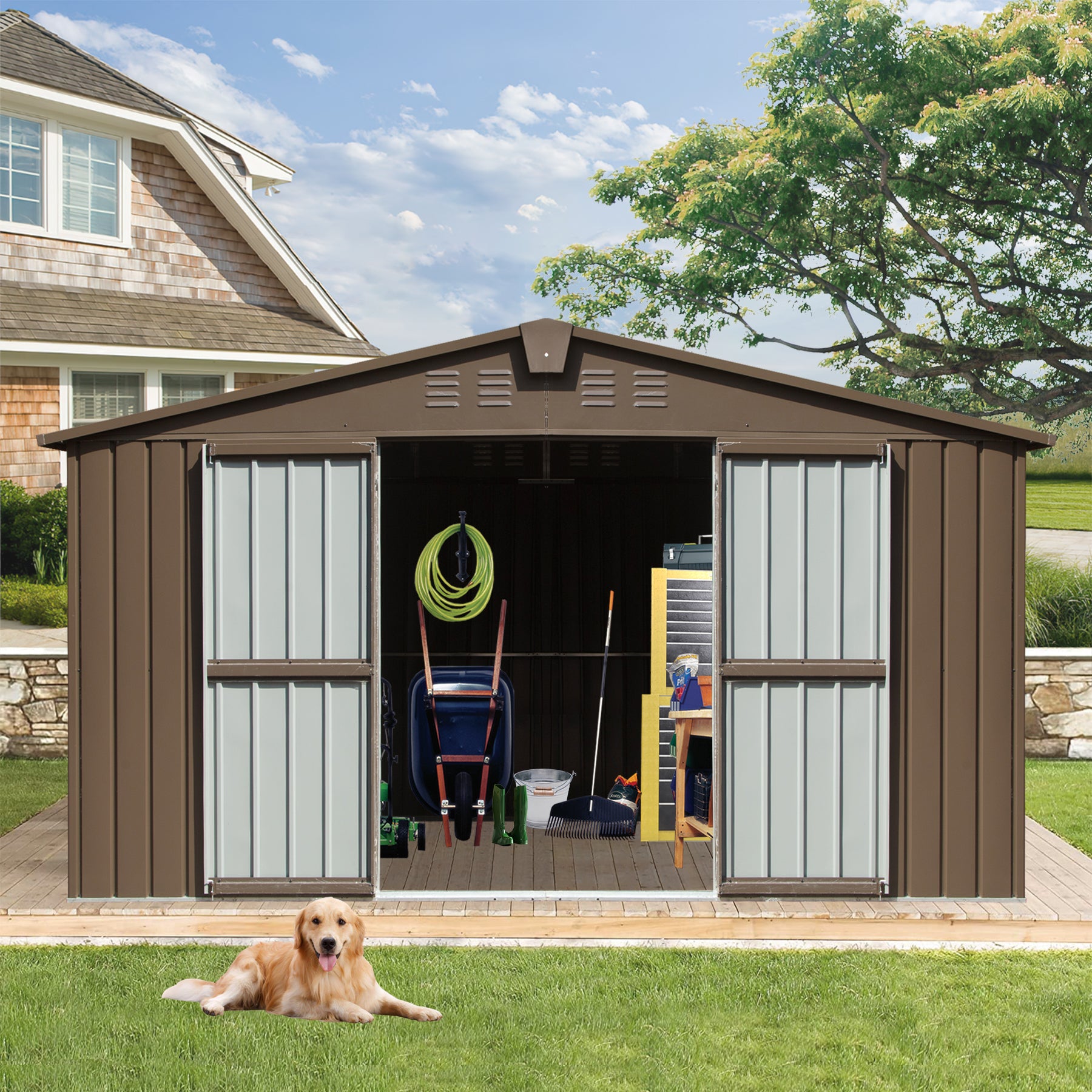 Backyard Storage Shed 11'X 9' With Galvanized Steel Frame & Windows, Outdoor Garden Shed Metal Utility Tool Storage Room With Lockable Door For Patio Brown Brown Metal