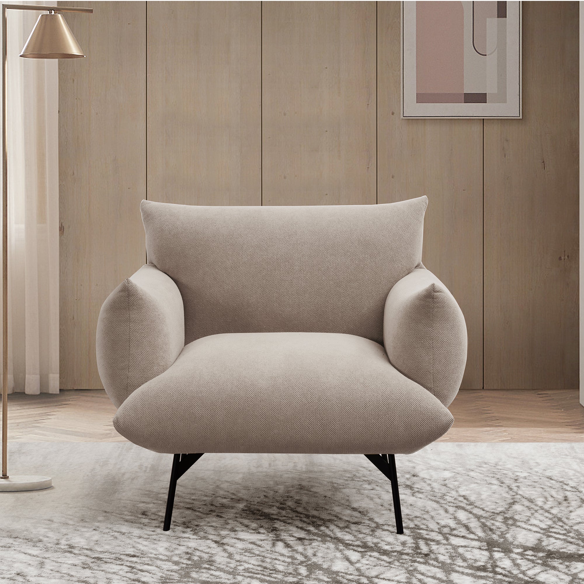 36" Modern Accent Upholstered Armchair, Beige Flannelette Fabric Reading Chair, Originality Of Shapes And Black Metal Legs Single Sofa For Bedroom, Apartment, Office, Lounge. Beige Foam Fabric