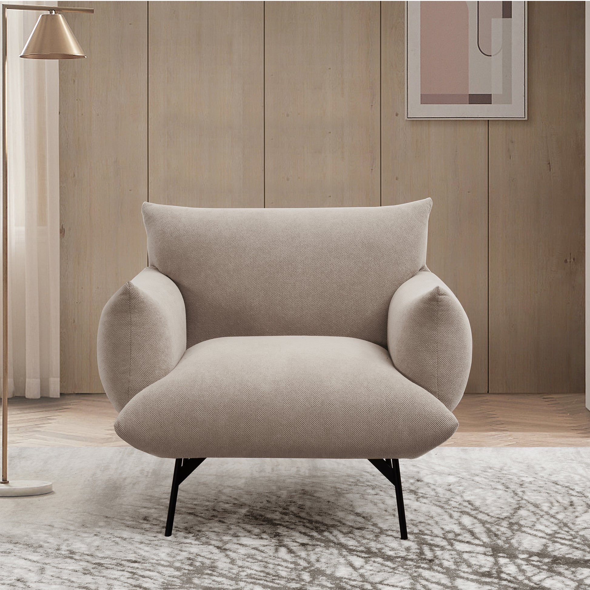 36" Modern Accent Upholstered Armchair, Beige Flannelette Fabric Reading Chair, Originality Of Shapes And Black Metal Legs Single Sofa For Bedroom, Apartment, Office, Lounge. Beige Foam Fabric