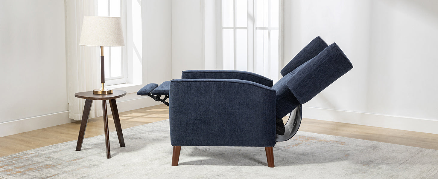 Mid Century Chenille Wingback Recliner Chair, Button Tufted Design Pushback Recliner Chair With Armrest And Solid Wood Legs, For Bedroom Living Room, Navy Blue Navy Blue Chenille