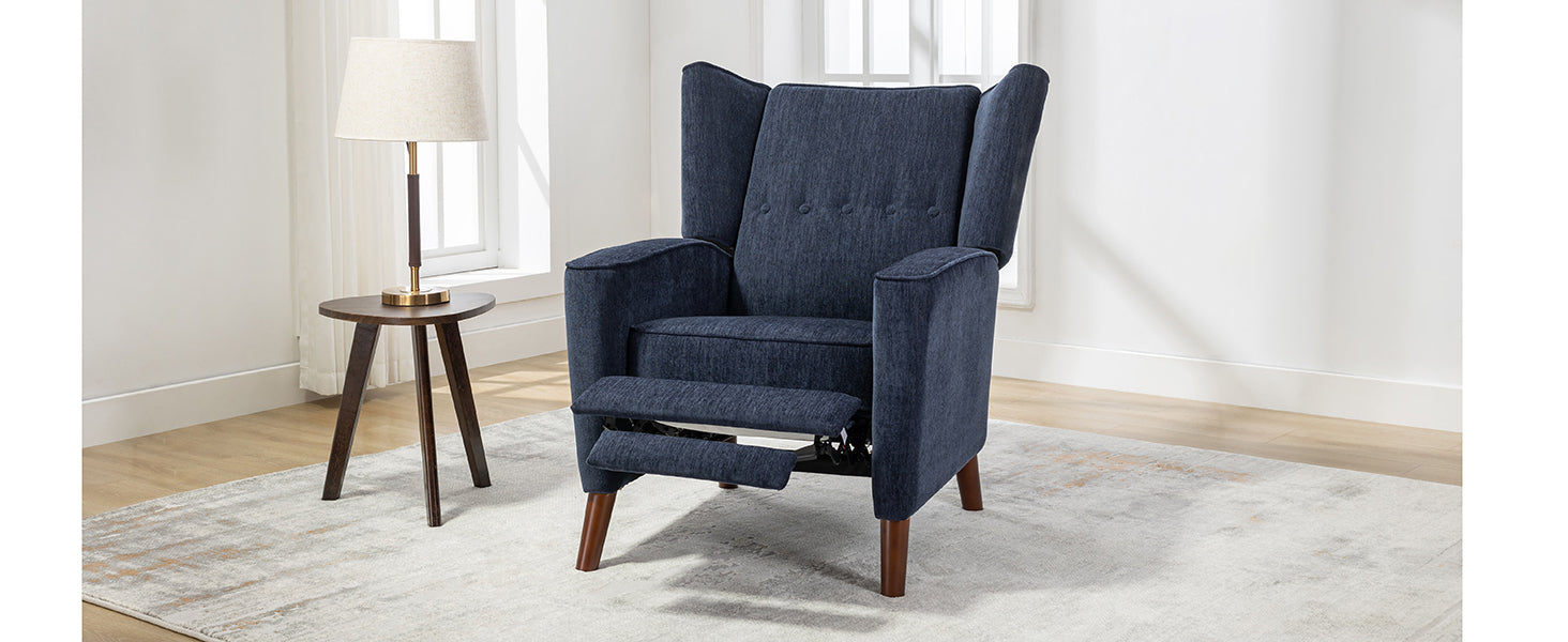 Mid Century Chenille Wingback Recliner Chair, Button Tufted Design Pushback Recliner Chair With Armrest And Solid Wood Legs, For Bedroom Living Room, Navy Blue Navy Blue Chenille