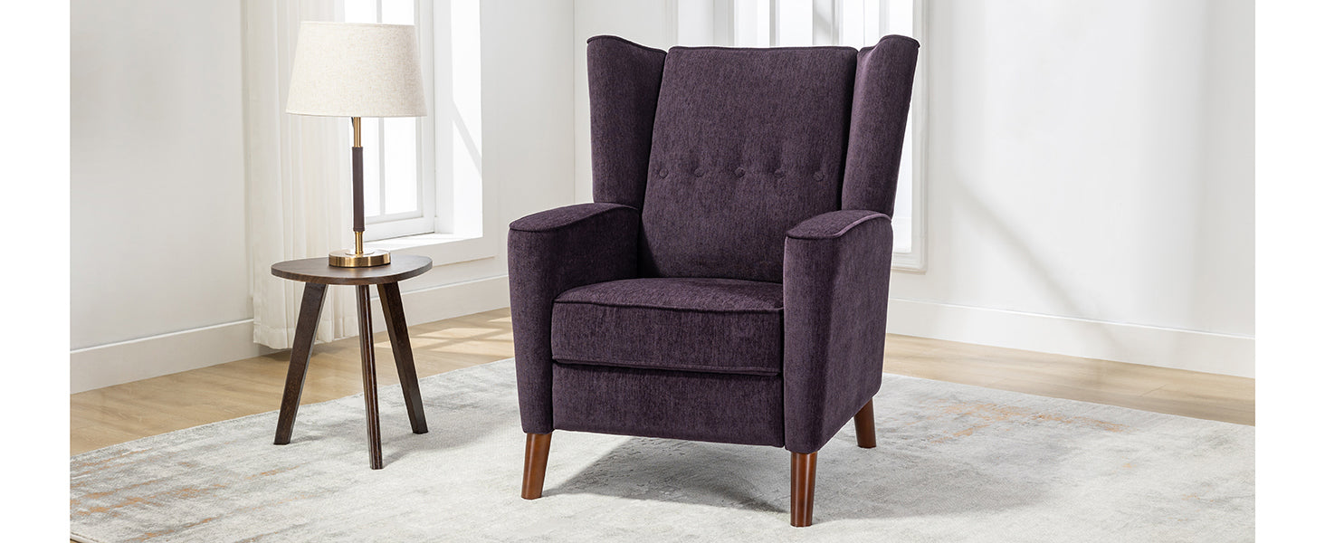 Mid Century Chenille Wingback Recliner Chair, Button Tufted Design Pushback Recliner Chair With Armrest And Solid Wood Legs, For Bedroom Living Room, Purple Purple Chenille