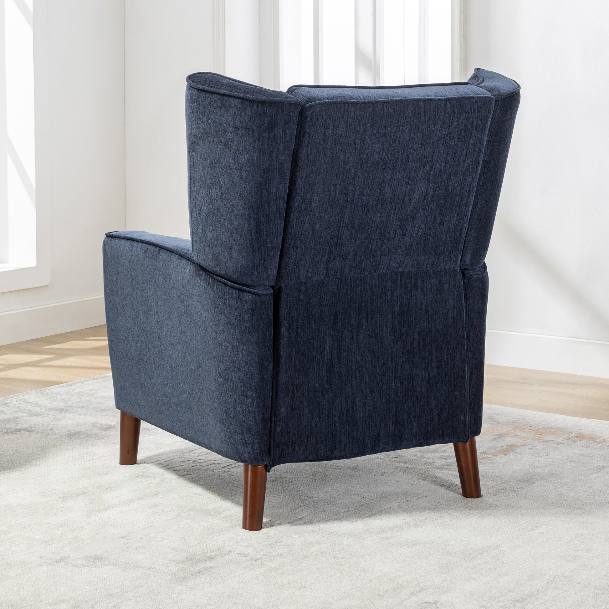 Mid Century Chenille Wingback Recliner Chair, Button Tufted Design Pushback Recliner Chair With Armrest And Solid Wood Legs, For Bedroom Living Room, Navy Blue Navy Blue Chenille