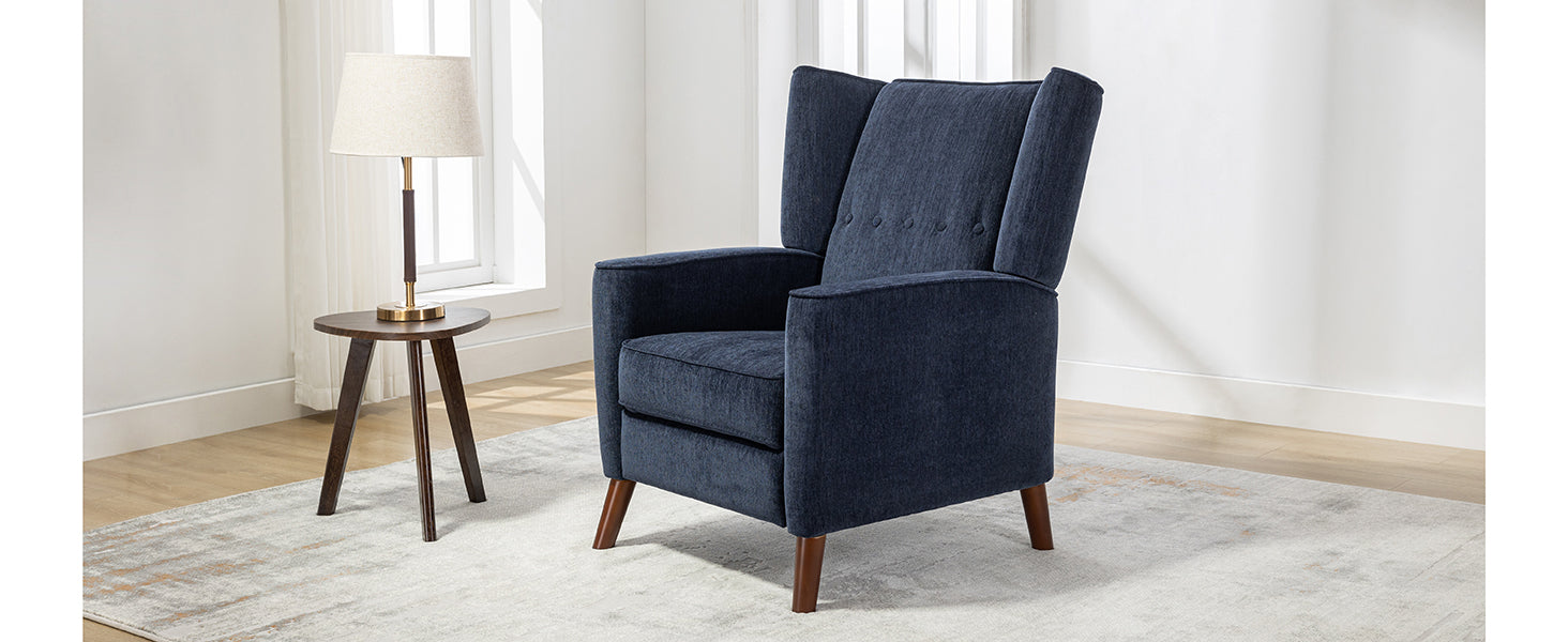 Mid Century Chenille Wingback Recliner Chair, Button Tufted Design Pushback Recliner Chair With Armrest And Solid Wood Legs, For Bedroom Living Room, Navy Blue Navy Blue Chenille