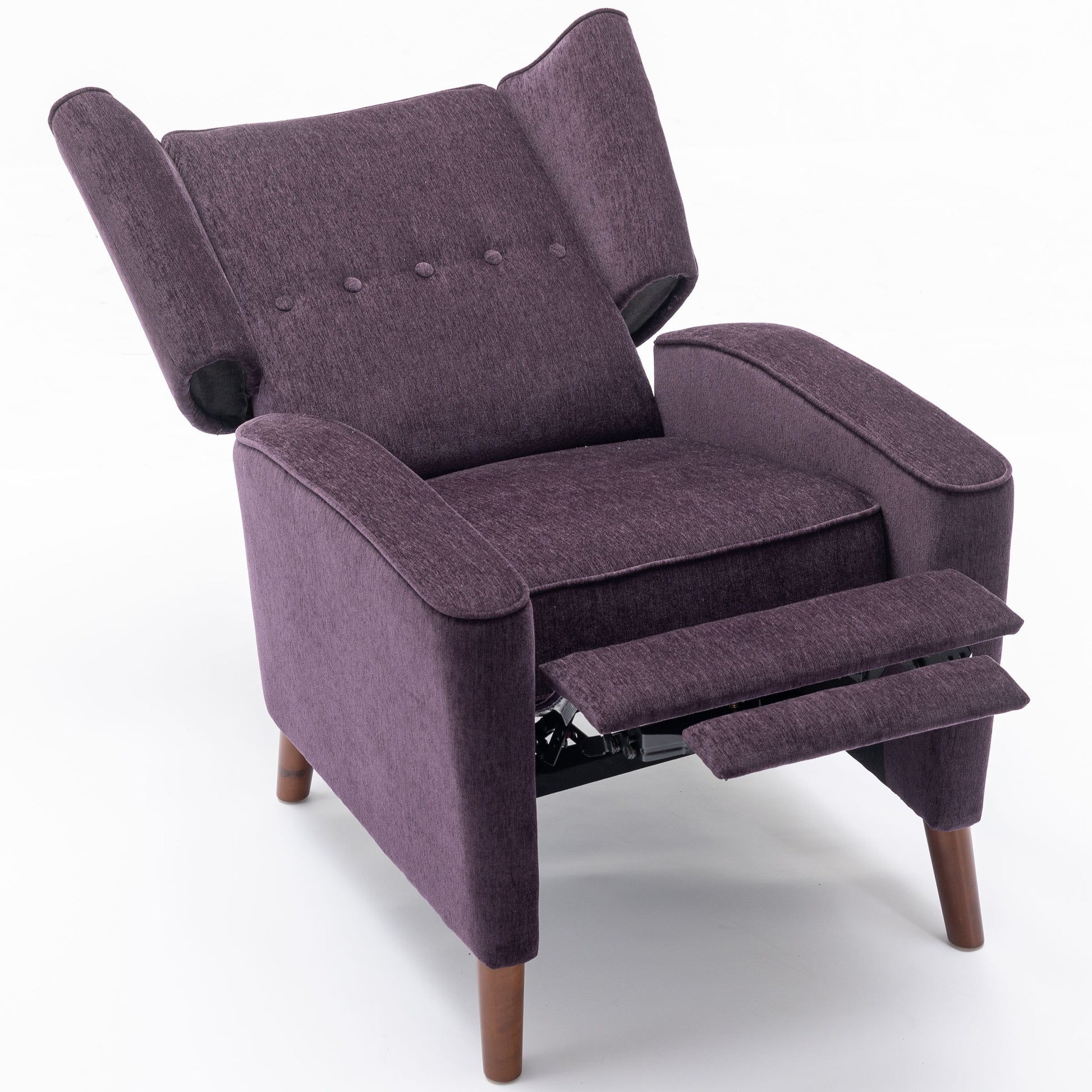 Mid Century Chenille Wingback Recliner Chair, Button Tufted Design Pushback Recliner Chair With Armrest And Solid Wood Legs, For Bedroom Living Room, Purple Purple Chenille