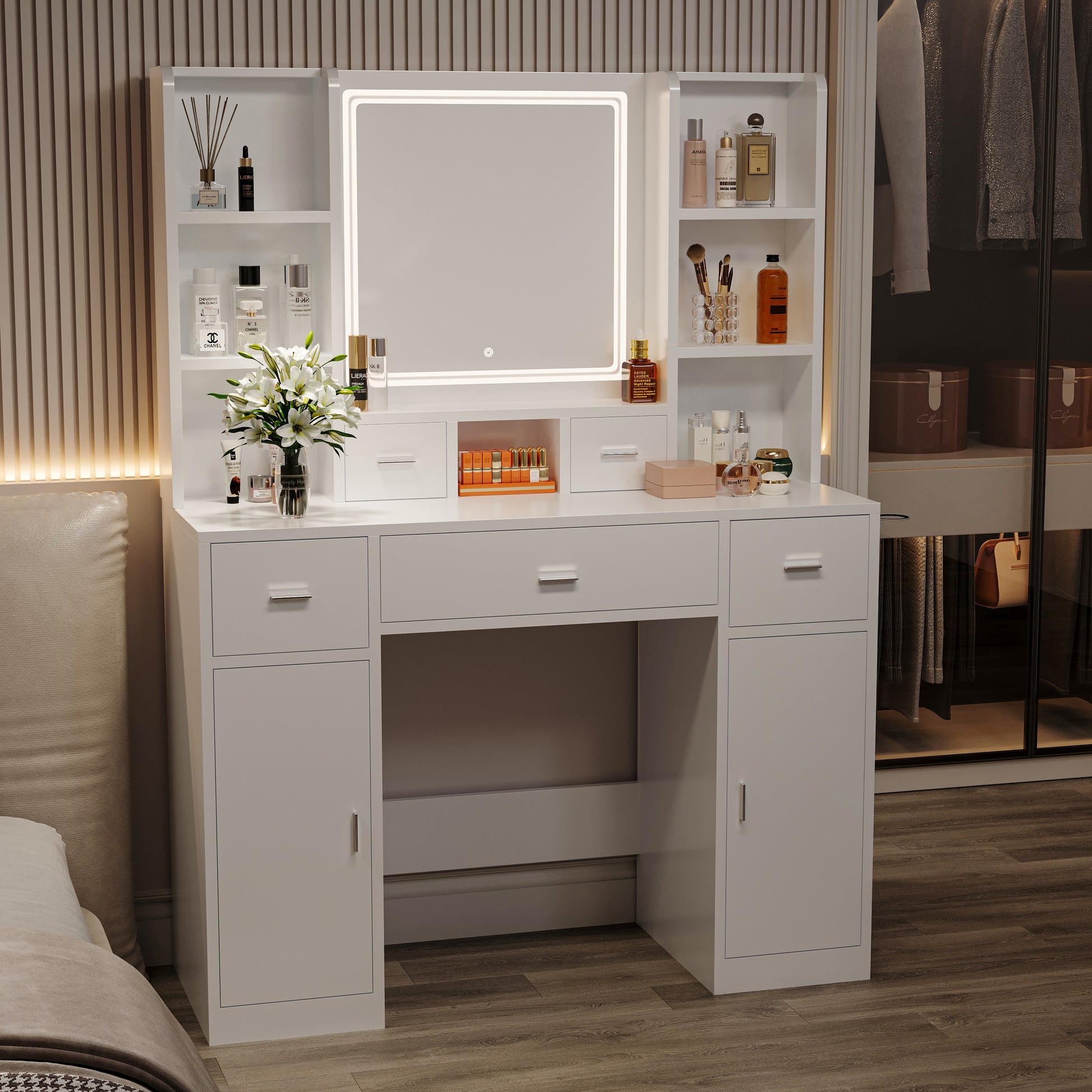 The White Vanity With Led Mirror Is Equipped With A Hair Dryer Rack, And The Vanity In The Bedroom And Dressing Room Is Equipped With A Dressing Pad White 5 Drawers & Above Bedroom American
