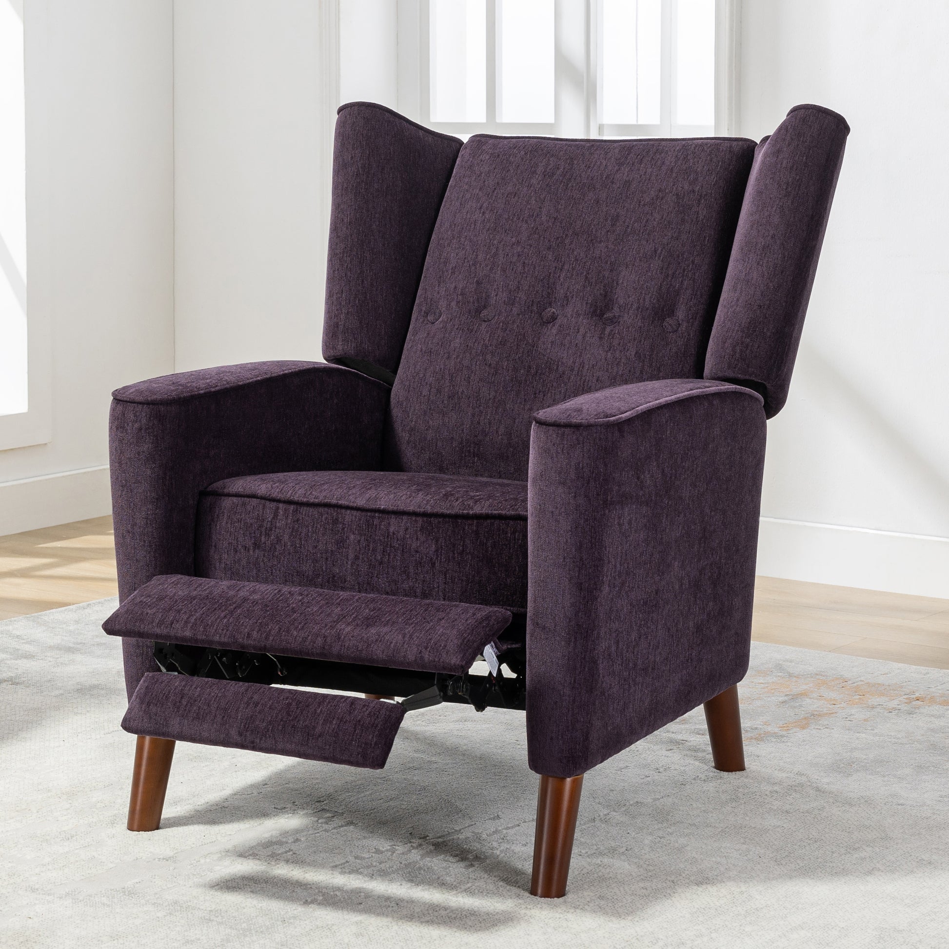 Mid Century Chenille Wingback Recliner Chair, Button Tufted Design Pushback Recliner Chair With Armrest And Solid Wood Legs, For Bedroom Living Room, Purple Purple Chenille