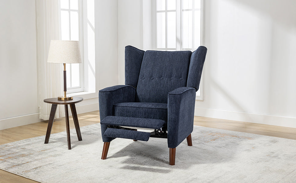 Mid Century Chenille Wingback Recliner Chair, Button Tufted Design Pushback Recliner Chair With Armrest And Solid Wood Legs, For Bedroom Living Room, Navy Blue Navy Blue Chenille