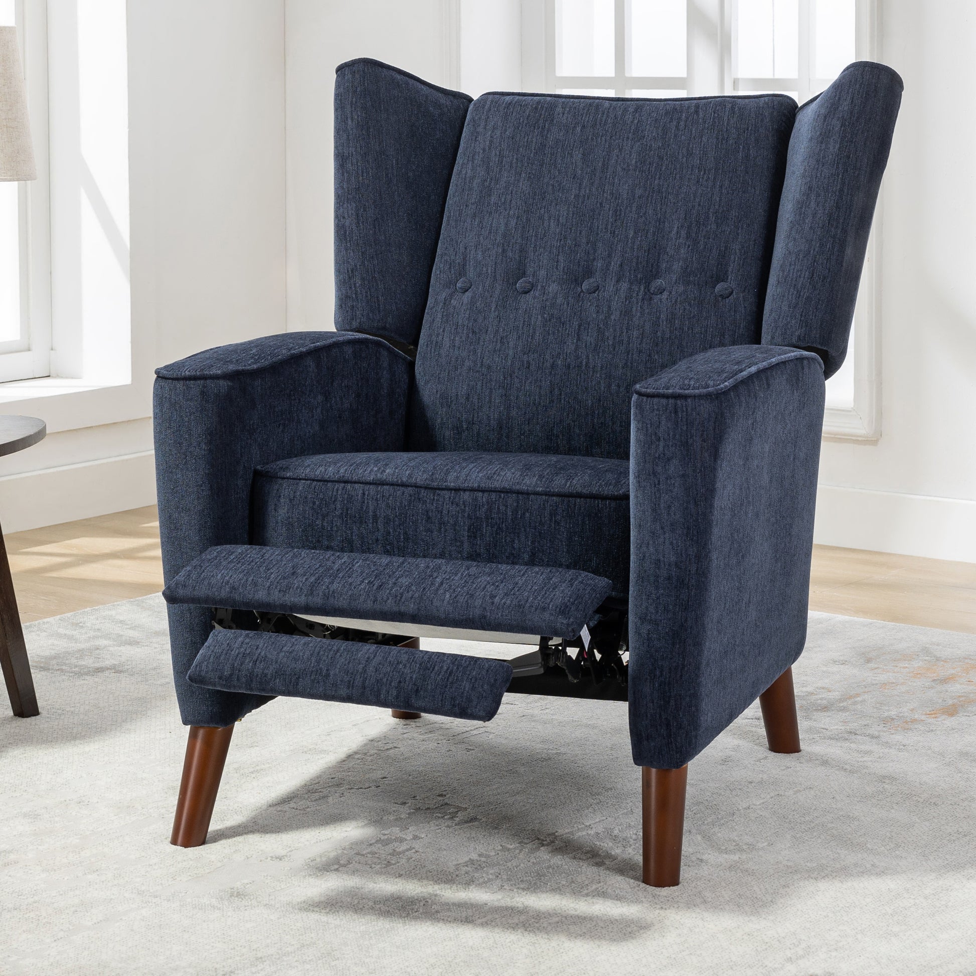 Mid Century Chenille Wingback Recliner Chair, Button Tufted Design Pushback Recliner Chair With Armrest And Solid Wood Legs, For Bedroom Living Room, Navy Blue Navy Blue Chenille
