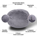 Minky Velvet Bean Bag Chair, Grey 5Ft Plush Floor Chair For Kids And Adults W Washable Cover, Lounge Chair With Stretchable Fabric, Comfy Bedroom Chair, Filled With Shredded And Memory Foam. Gray Velvet