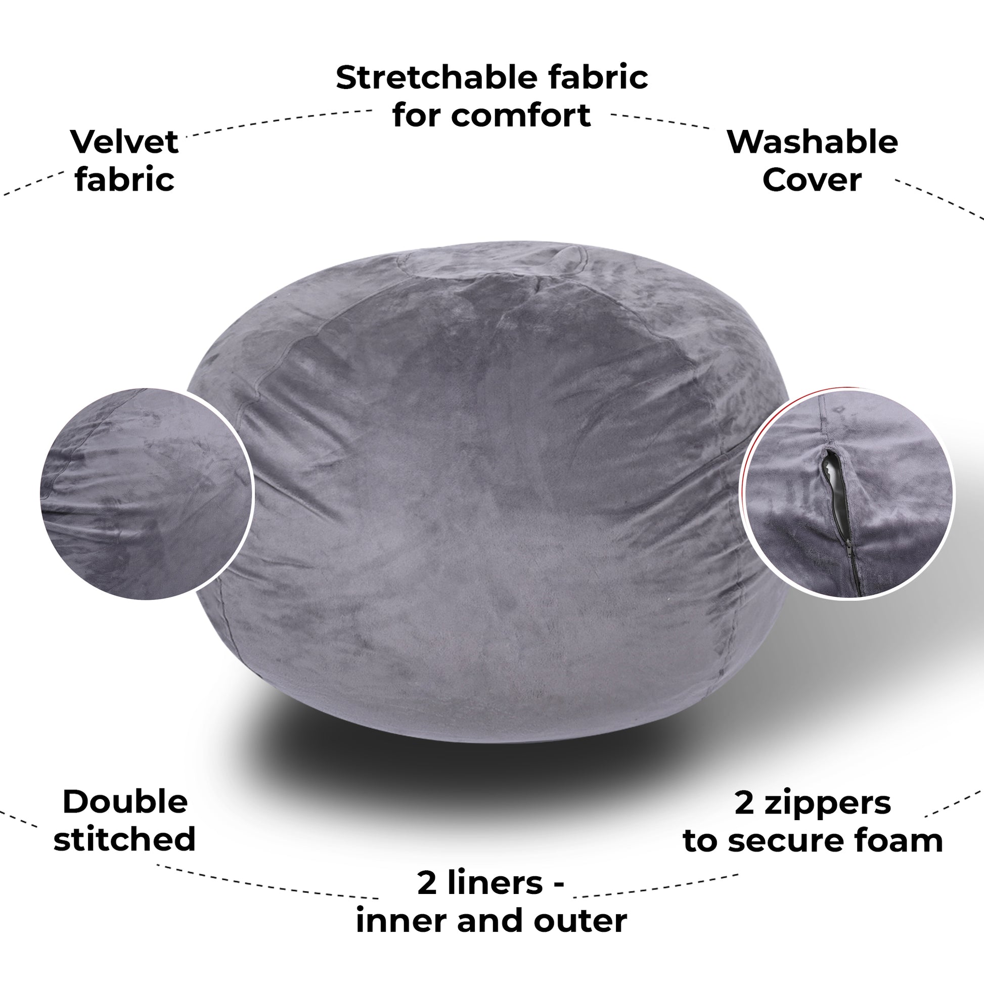 Minky Velvet Bean Bag Chair, Grey 5Ft Plush Floor Chair For Kids And Adults W Washable Cover, Lounge Chair With Stretchable Fabric, Comfy Bedroom Chair, Filled With Shredded And Memory Foam. Gray Velvet
