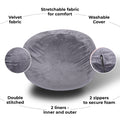 Minky Velvet Bean Bag Chair, Grey 3Ft Plush Floor Chair For Kids And Adults W Washable Cover, Lounge Chair With Stretchable Fabric, Comfy Bedroom Chair, Filled With Shredded And Memory Foam. Gray Velvet
