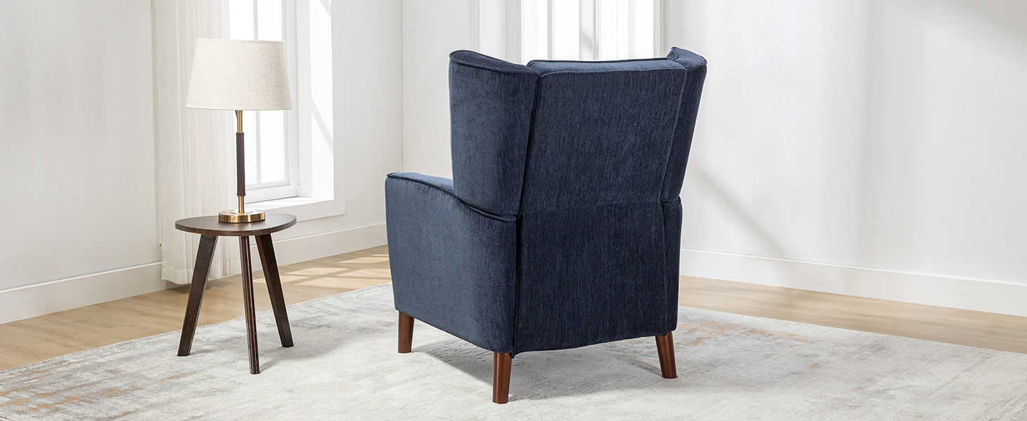 Mid Century Chenille Wingback Recliner Chair, Button Tufted Design Pushback Recliner Chair With Armrest And Solid Wood Legs, For Bedroom Living Room, Navy Blue Navy Blue Chenille