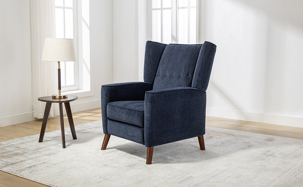 Mid Century Chenille Wingback Recliner Chair, Button Tufted Design Pushback Recliner Chair With Armrest And Solid Wood Legs, For Bedroom Living Room, Navy Blue Navy Blue Chenille