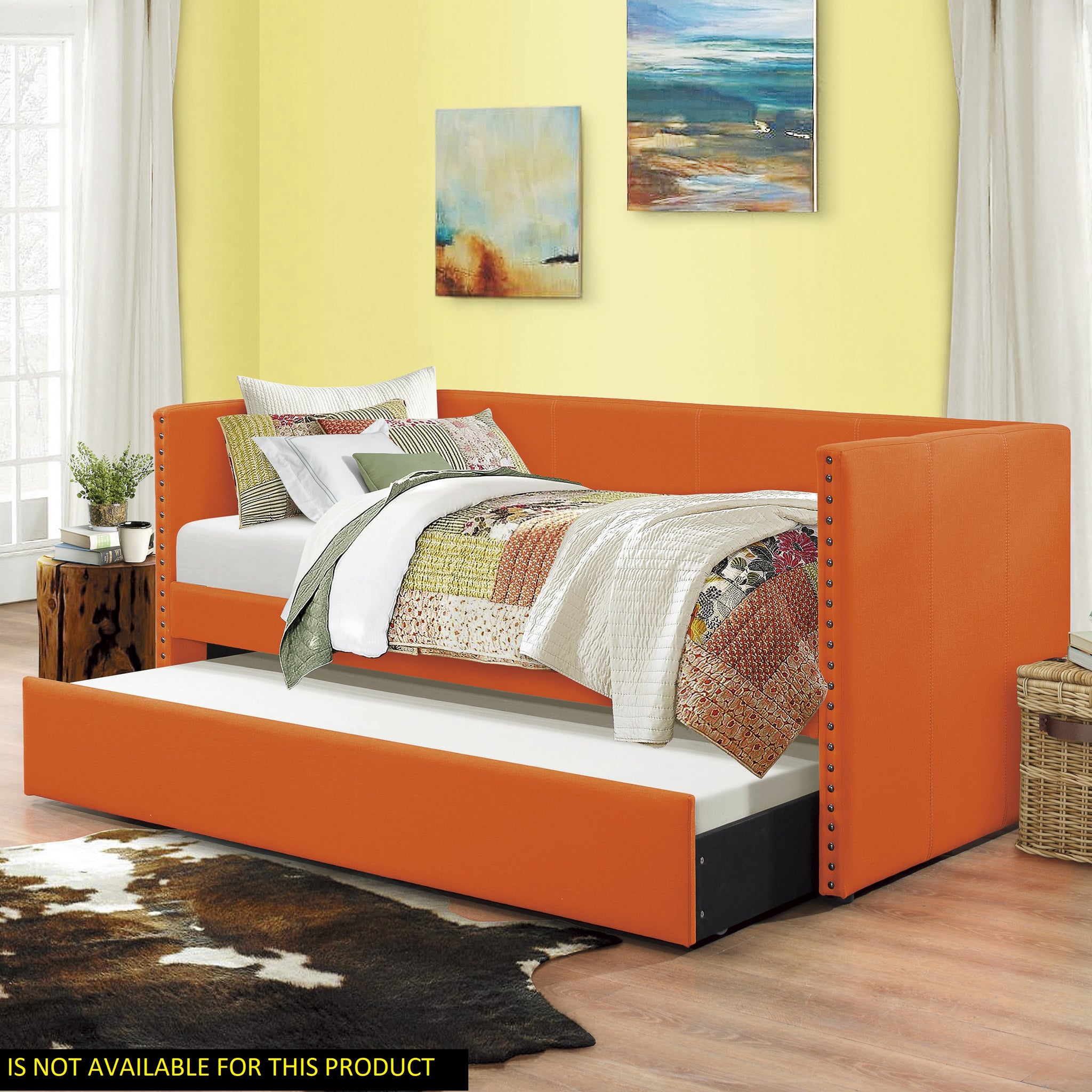 Orange Fabric Upholstered 1Pc Day Bed With Pull Out Trundle Trim Wood Frame Furniture Twin Box Spring Not Required Orange Bedroom Wood