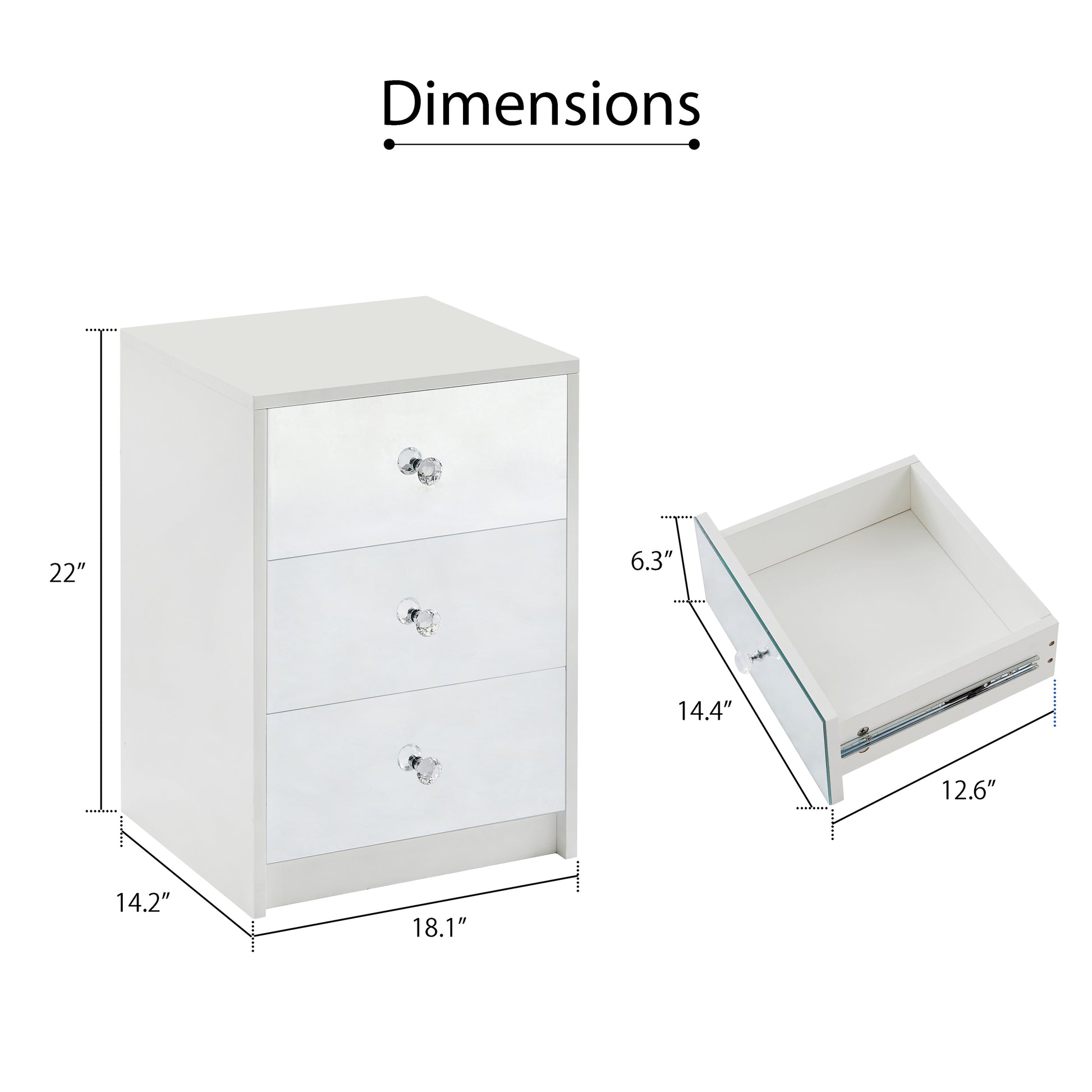 3 Drawer Nightstand For Bedroom, Modern Wood And Mirrored Nightstand, Square Bedside Glass End Table With Storage For Bedroom Room, Sofa, White Chest White Particle Board