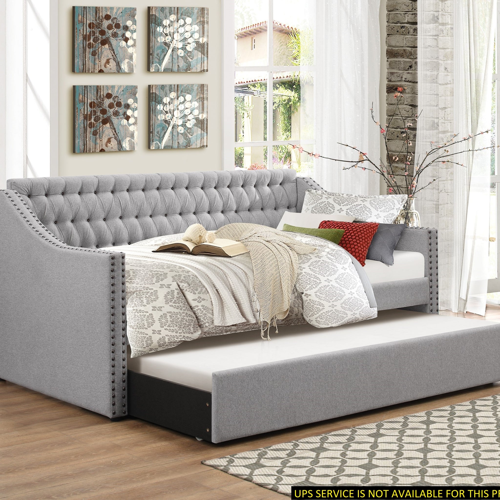 Modern Design Gray Fabric Upholstered 1Pc Sofa Bed W Trundle Button Tufted Detail Trim Daybed Wooden Furniture Twin Box Spring Not Required Gray Wood Bedroom Modern,Traditional Polyester Wood