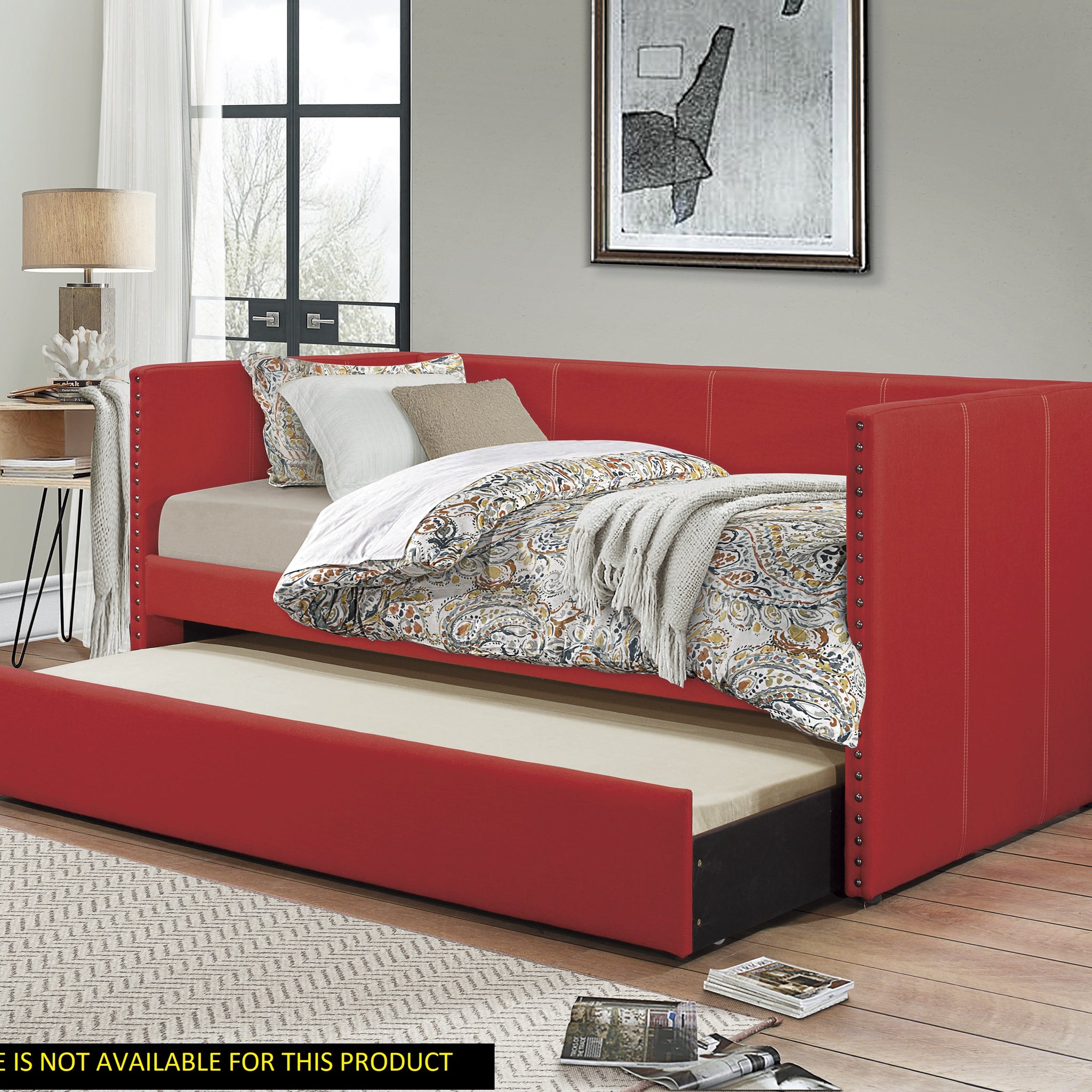 Red Fabric Upholstered 1Pc Day Bed With Pull Out Trundle Trim Wood Frame Furniture Twin Box Spring Not Required Red Wood Bedroom Polyester Wood