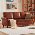 79'' Traditional Faux Leather Sofa, 3 Seater Couch With Trim And Rolled Arms, Classic Couches For Living Room, Bedroom, Apartment, Easy Assembly, Reddish Brown Light Brown Wood Primary Living Space Heavy Duty Acacia 3 Seat Brown Tan Faux Leather Soft