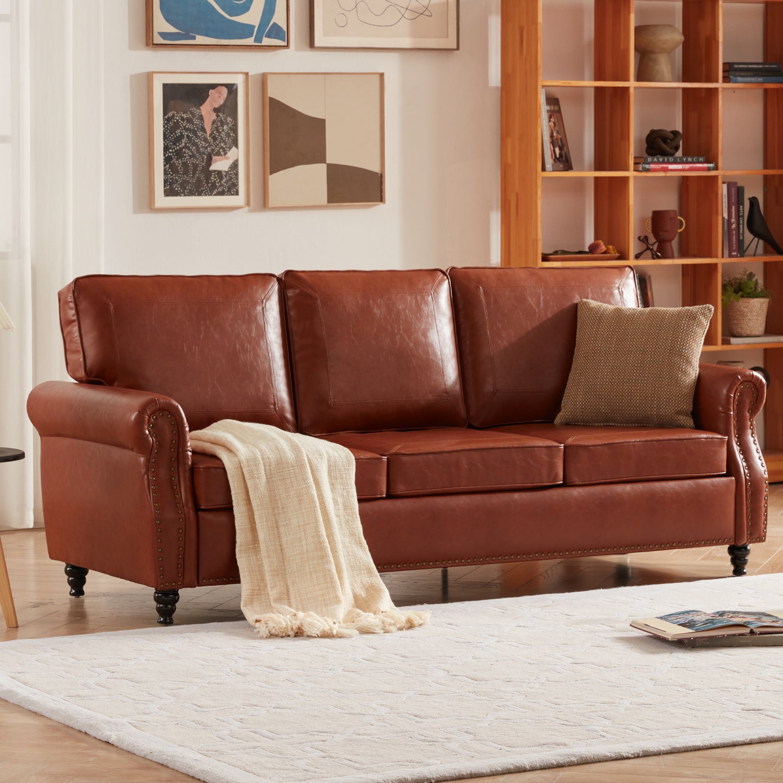 79'' Traditional Faux Leather Sofa, 3 Seater Couch With Trim And Rolled Arms, Classic Couches For Living Room, Bedroom, Apartment, Easy Assembly, Reddish Brown Light Brown Wood Primary Living Space Heavy Duty Acacia 3 Seat Brown Tan Faux Leather Soft