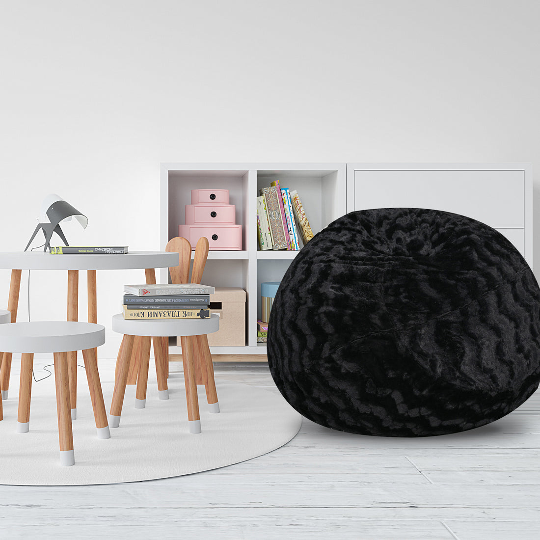 Faux Fur Bean Bag Chair, Black 5Ft Cozy And Stretchable Fabric Lounger For Children And Adults With Easy Clean Cover, Comfortable Faux Fur Seating For Bedrooms, Filled With Shredded And Memory Foam. Black Faux Fur