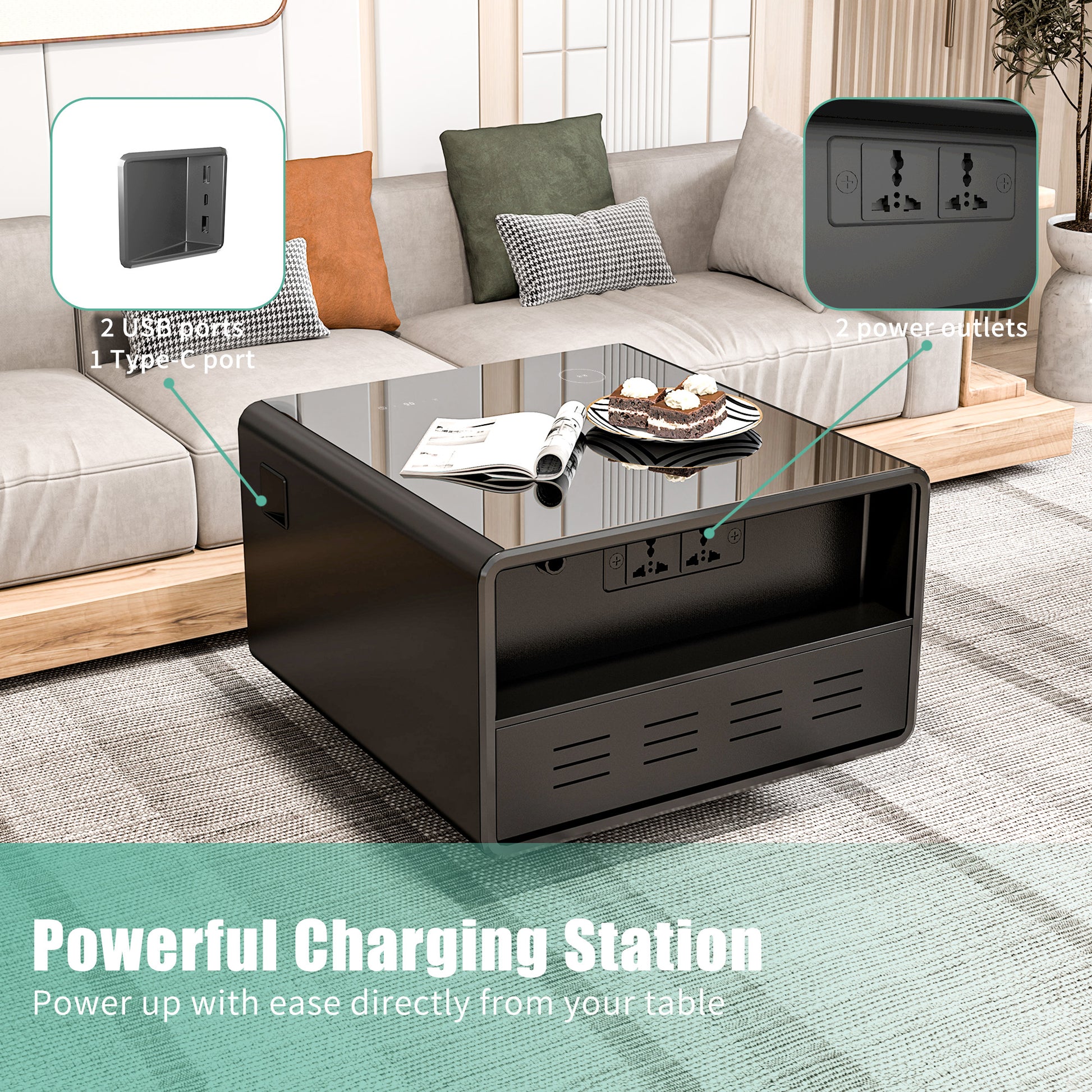Modern Smart Side Table With Built In Fridge, Wireless Charging, Temperature Control, Power Socket, Usb Ports, Outlet Protection, Induction Light, Black Black Built In Outlets Or Usb Standing Desk Converter Primary Living Space Luxury,Modern Freestanding