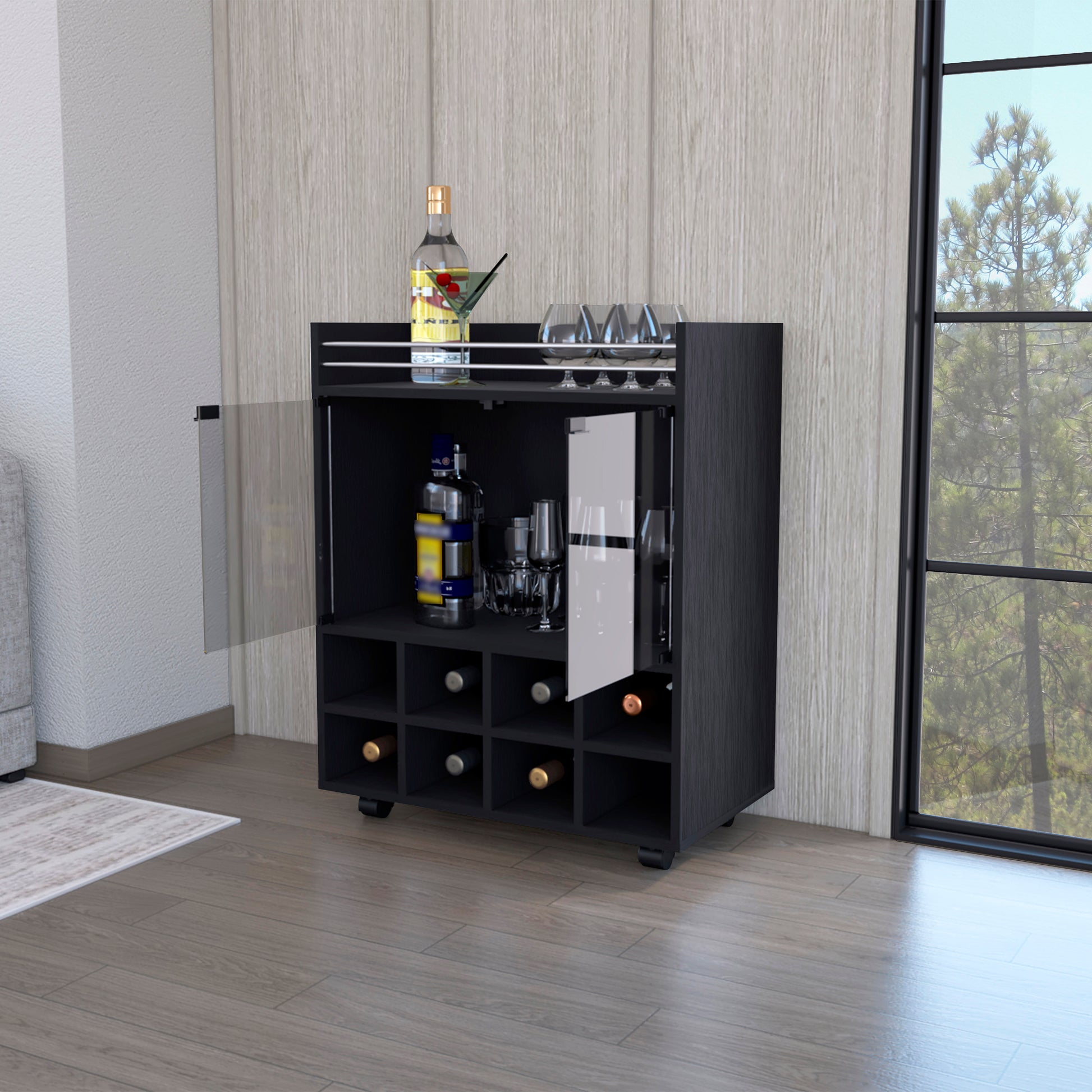 Minneapolis Bar Cart With Integrated 8 Bottle Rack, Glass Encased Cabinet And Aluminum Bar Top Freestanding 5 Or More Spaces Black Primary Living Space Open Storage Space Modern Pine Particle Board Engineered Wood