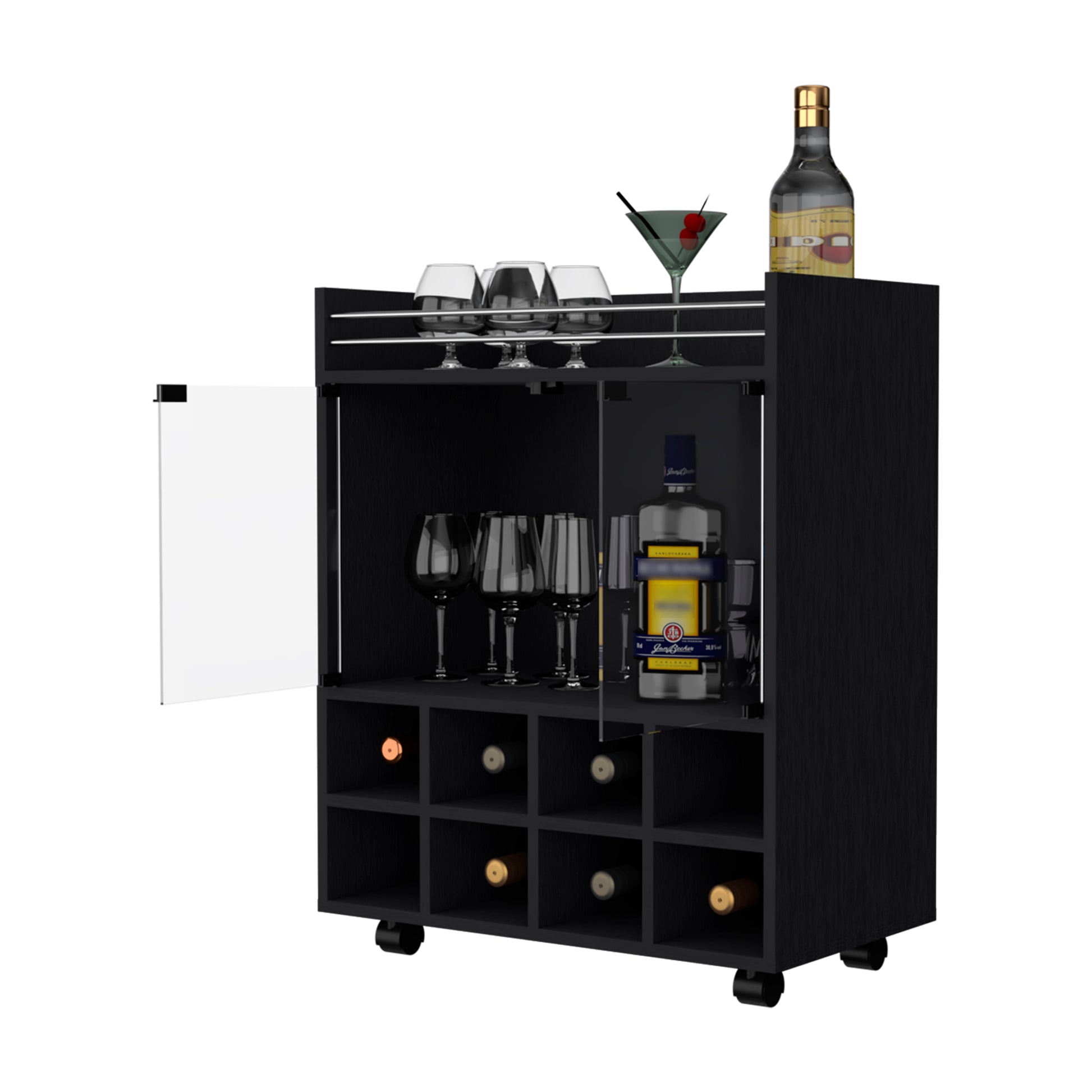 Minneapolis Bar Cart With Integrated 8 Bottle Rack, Glass Encased Cabinet And Aluminum Bar Top Freestanding 5 Or More Spaces Black Primary Living Space Open Storage Space Modern Pine Particle Board Engineered Wood