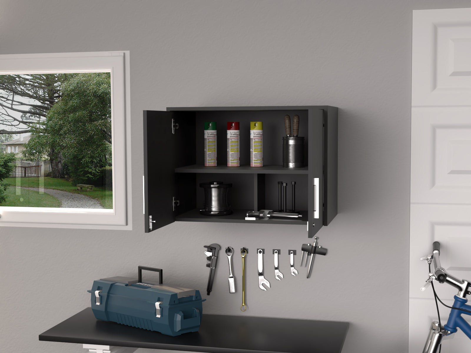 Penny Storage Cabinet, Wall Cabinet Double Door, Three Internal Shelves Black Mdf Engineered Wood
