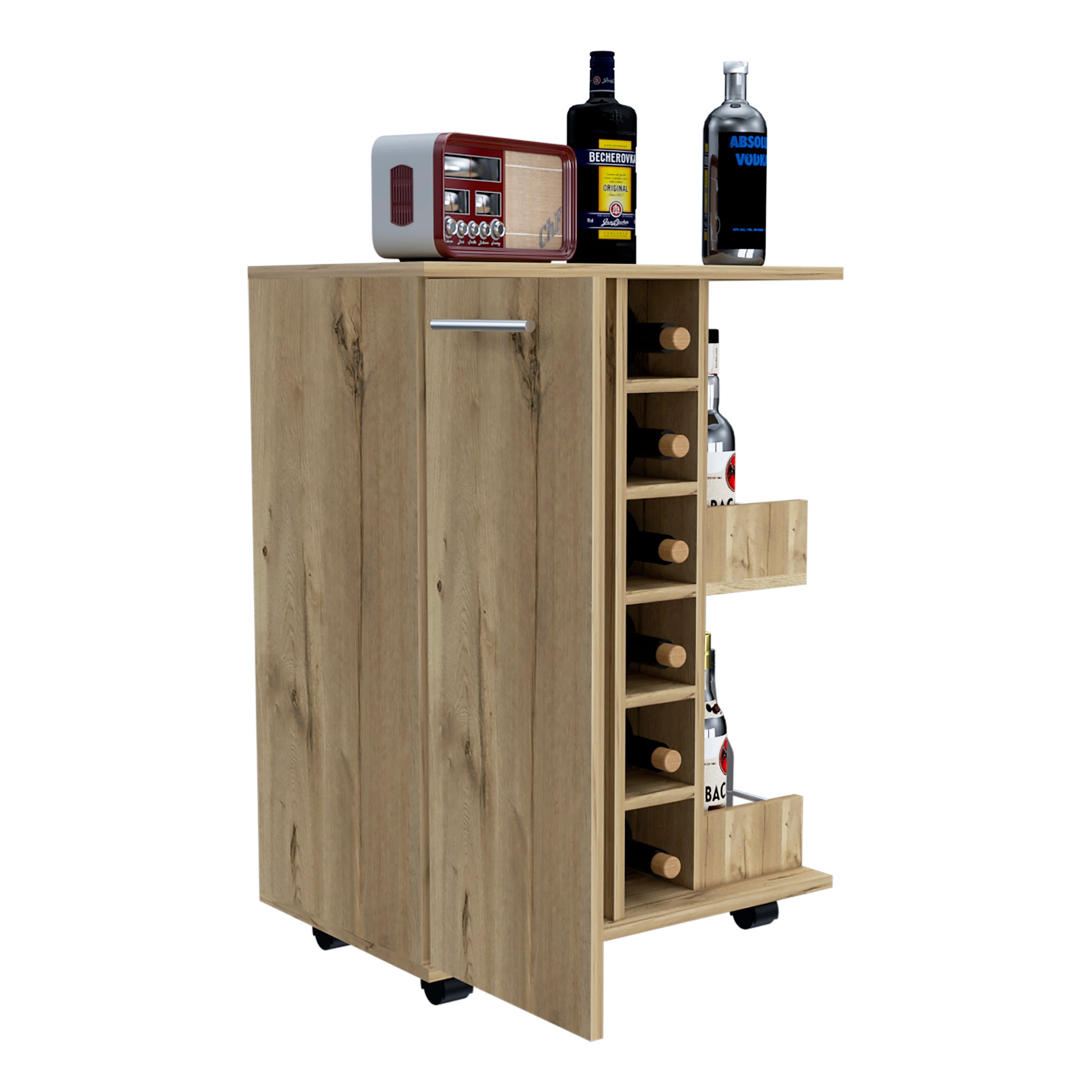 Tennessee Bar Cart, One Cabinet With Division, Six Cubbies For Liquor, Two Shelves Mobile Carts Light Oak Primary Living Space Open Storage Space Modern Pine Particle Board Engineered Wood