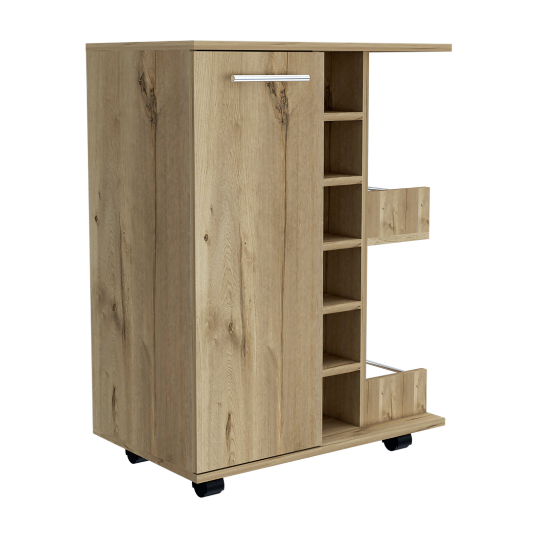 Bar Cart, Two External Shelves, Four Casters, Six Built In Wine Rack, Single Door Cabinet Light Oak Beige Particle Board Particle Board