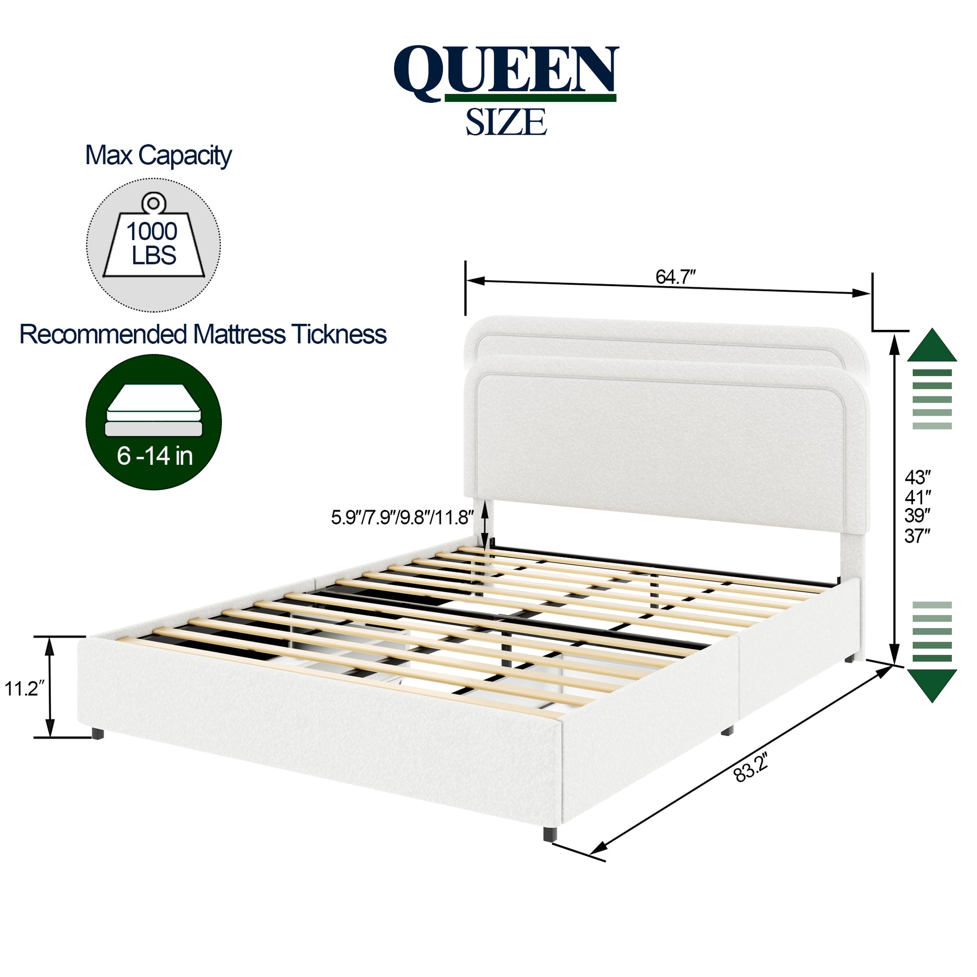Liv Patented 2 Drawers Storage Bed Queen Size Ivory Boucle Upholstered Platform Bed, Curved Stitched Tufted Headboard, Wooden Slat Mattress Support, No Box Spring Needed Box Spring Not Required