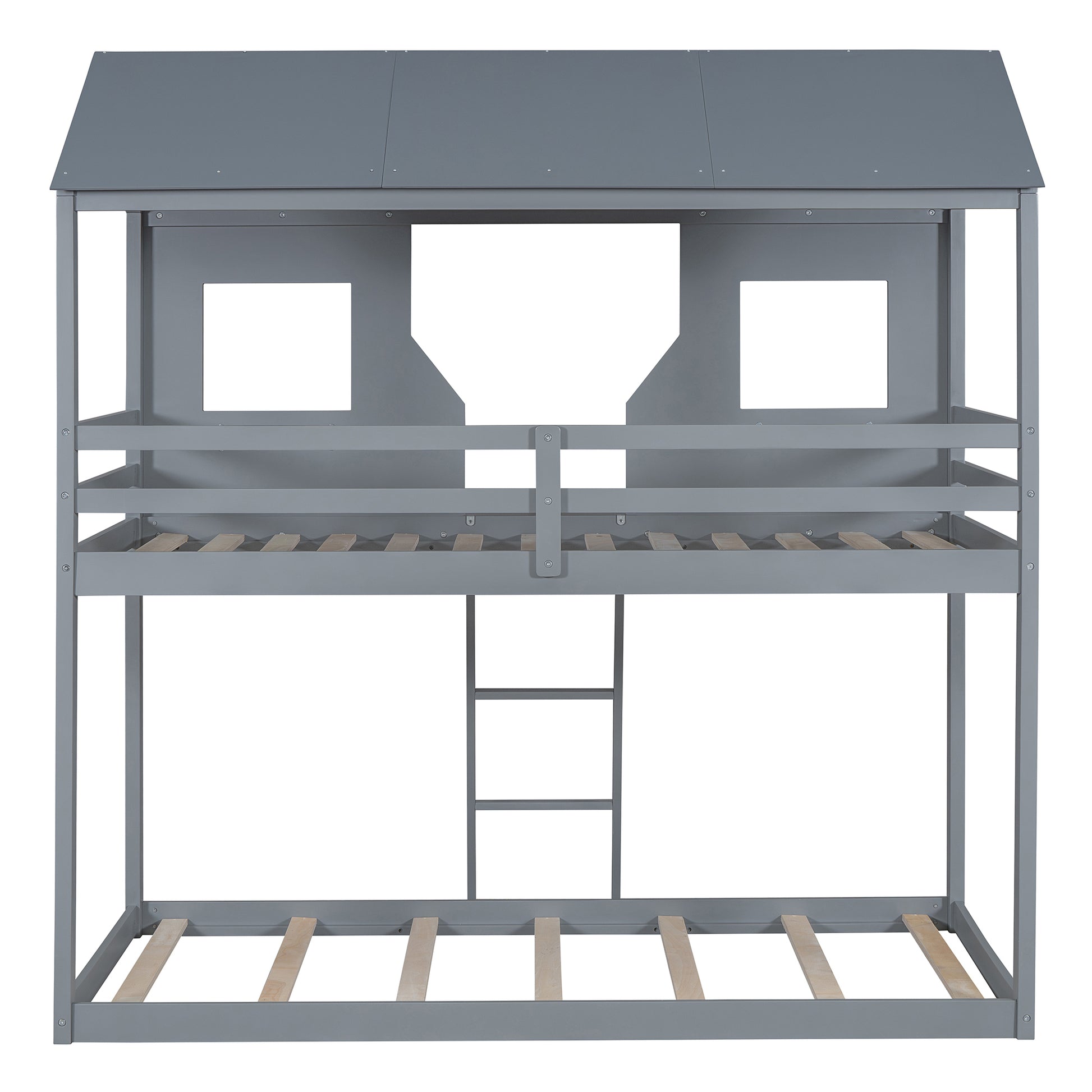 Twin Over Twin Bunk Bed Wood Bed With Roof, Window, Guardrail, Ladder Gray Old Sku :Lt000045Aae Twin Gray Solid Wood