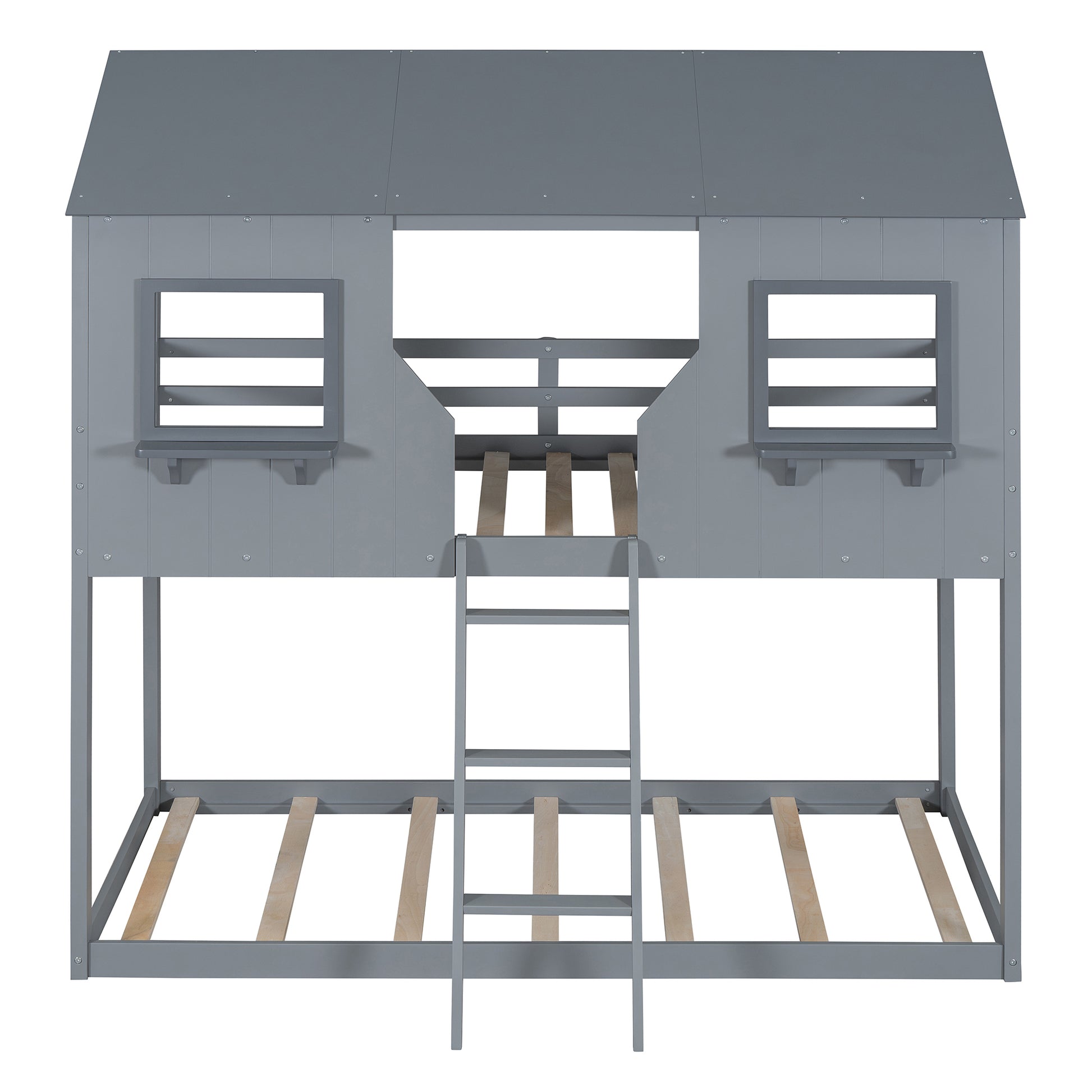 Twin Over Twin Bunk Bed Wood Bed With Roof, Window, Guardrail, Ladder Gray Old Sku :Lt000045Aae Twin Gray Solid Wood