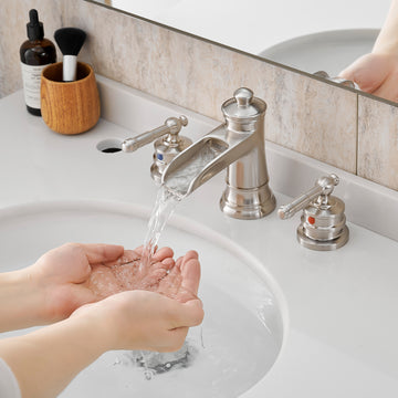 Bathroom Faucets For Sink 3 Hole Brushed Nickel 8 Inch Widespread Bathroom Sink Faucet With Pop Up Drain Double Lever Handle Faucet Bathroom Vanity Faucet Basin Mixer Tap Faucet With Hose Bathroom Joystick Geometric Two Brushed Nickel Side Sprayer Deck