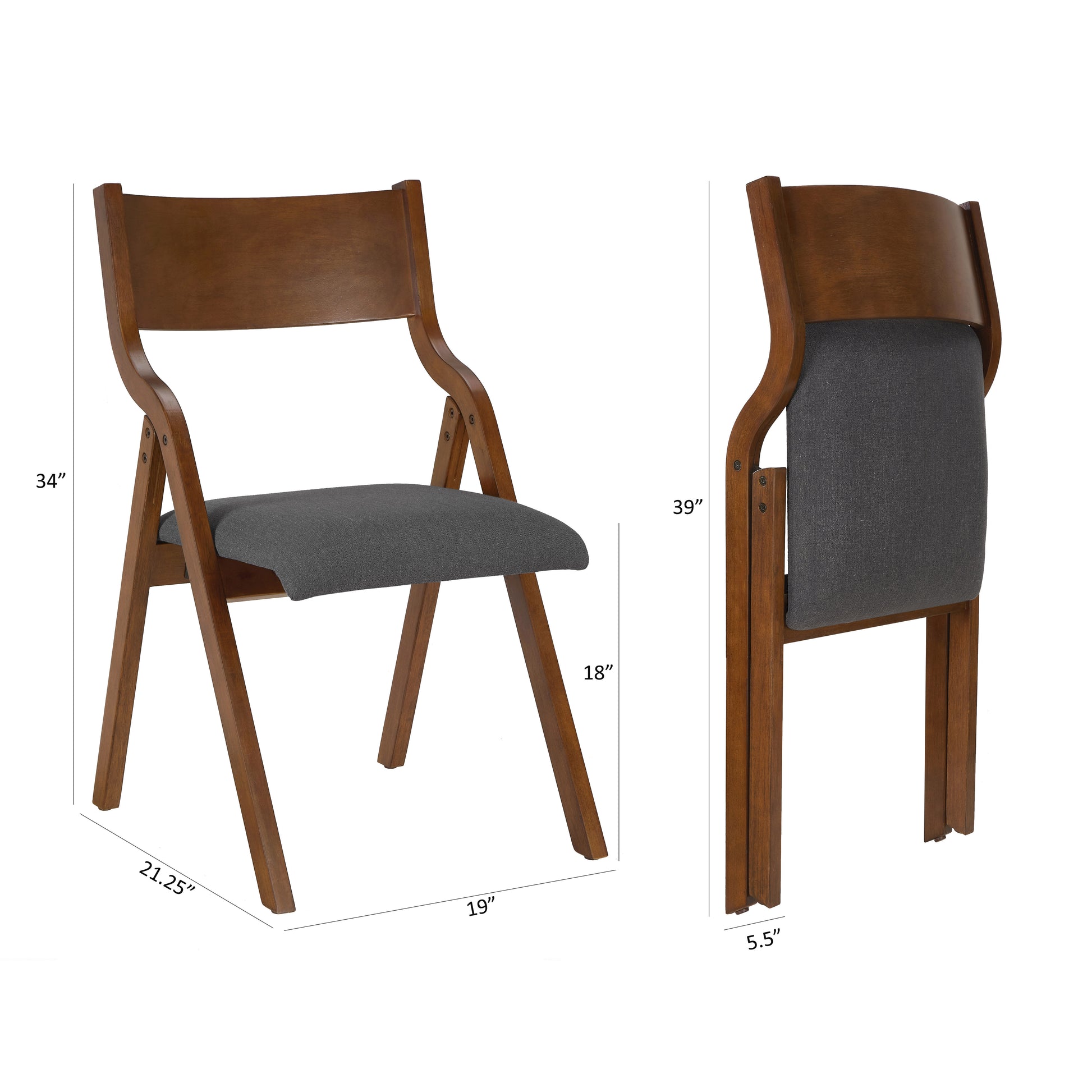 Upholstered Folding Dining Chair, Space Saving, Easy To Carry, Dining Room,No Assembly Required, 2 Pack Grey Walnut Gray Wood Fabric