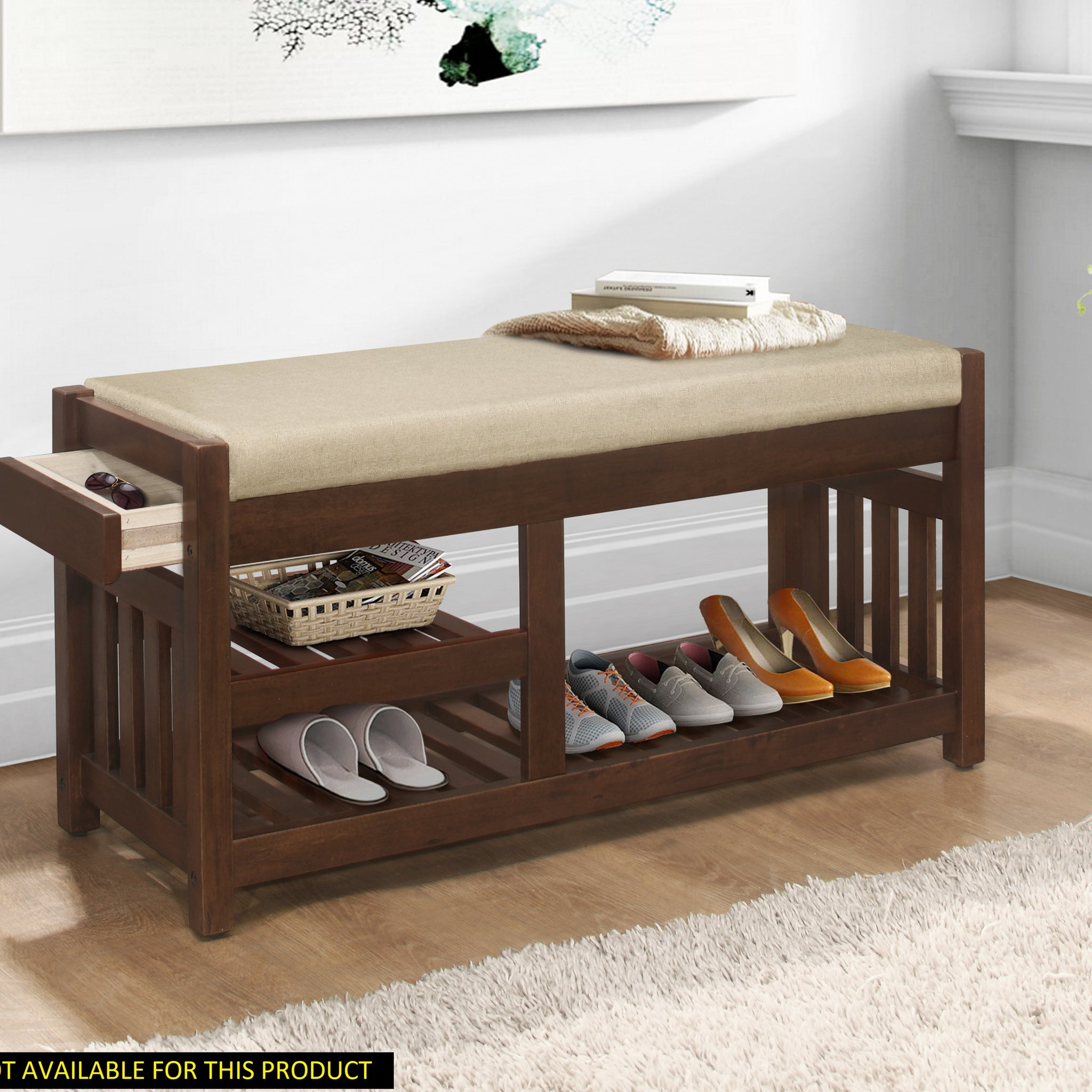 Transitional 1Pc Storage Bench With 2 Open Shelves Hidden Drawer Upholstered Cushioned Seat Multifunctional Wooden Furniture Walnut Polyester Primary Living Space Transitional Wood