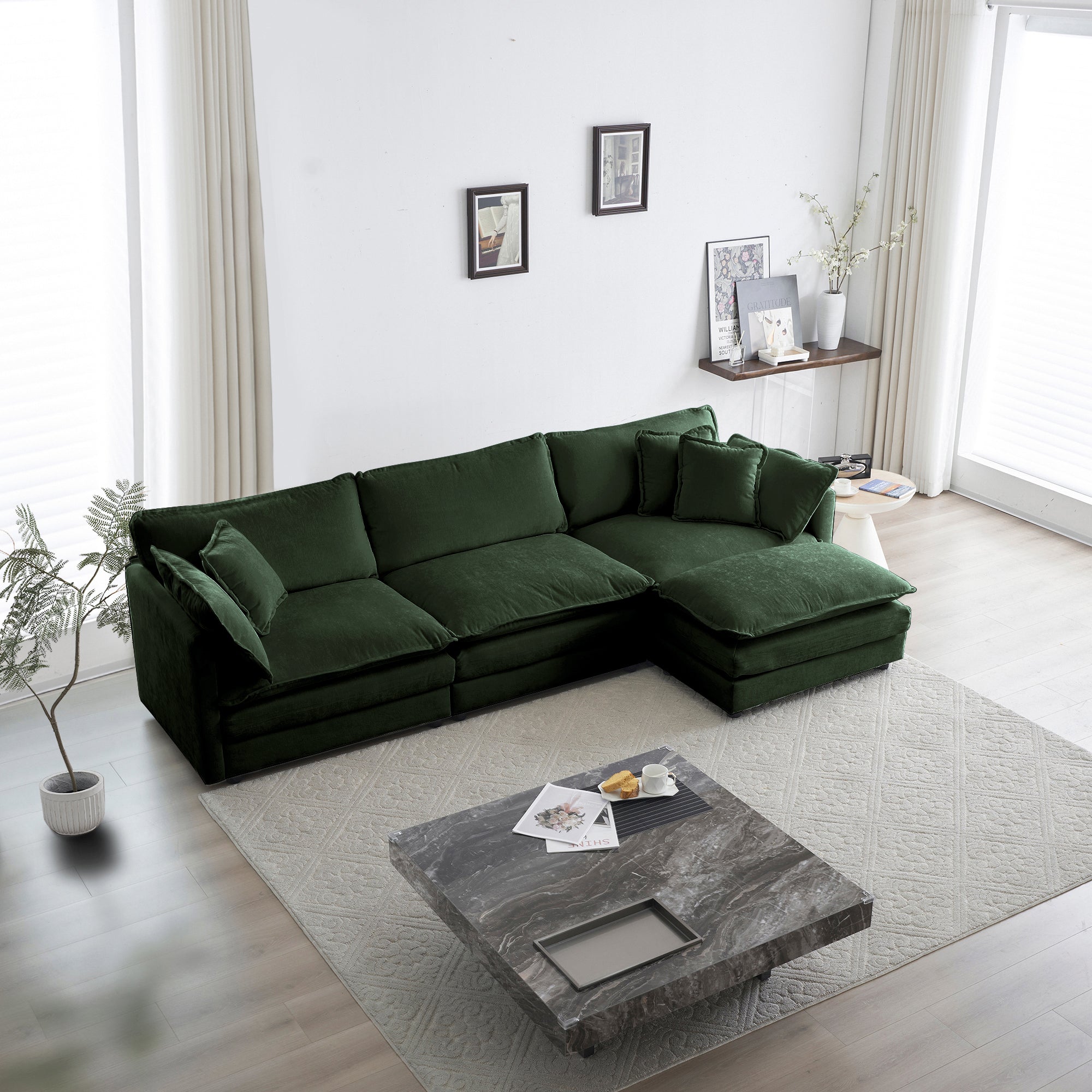Free Combination Comfy Upholstery Modular Oversized L Shaped Sectional Sofa With Reversible Ottoman, Green Chenille Green Chenille 3 Seat