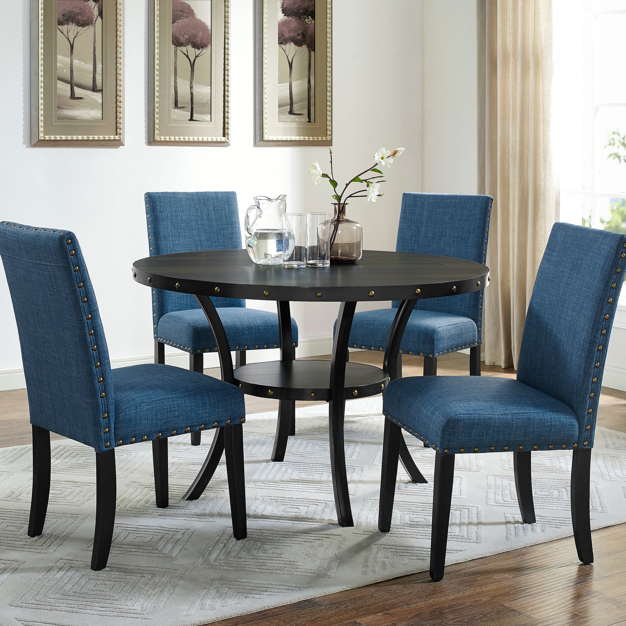 Biony Espresso Wood Dining Set With Blue Fabric Chairs Wood Dining Room Fixed Table Rubberwood Round Dining Table With Chair Wood Wood Black Blue Seats 4 48 Inches Round 4 Leg Solid Wood