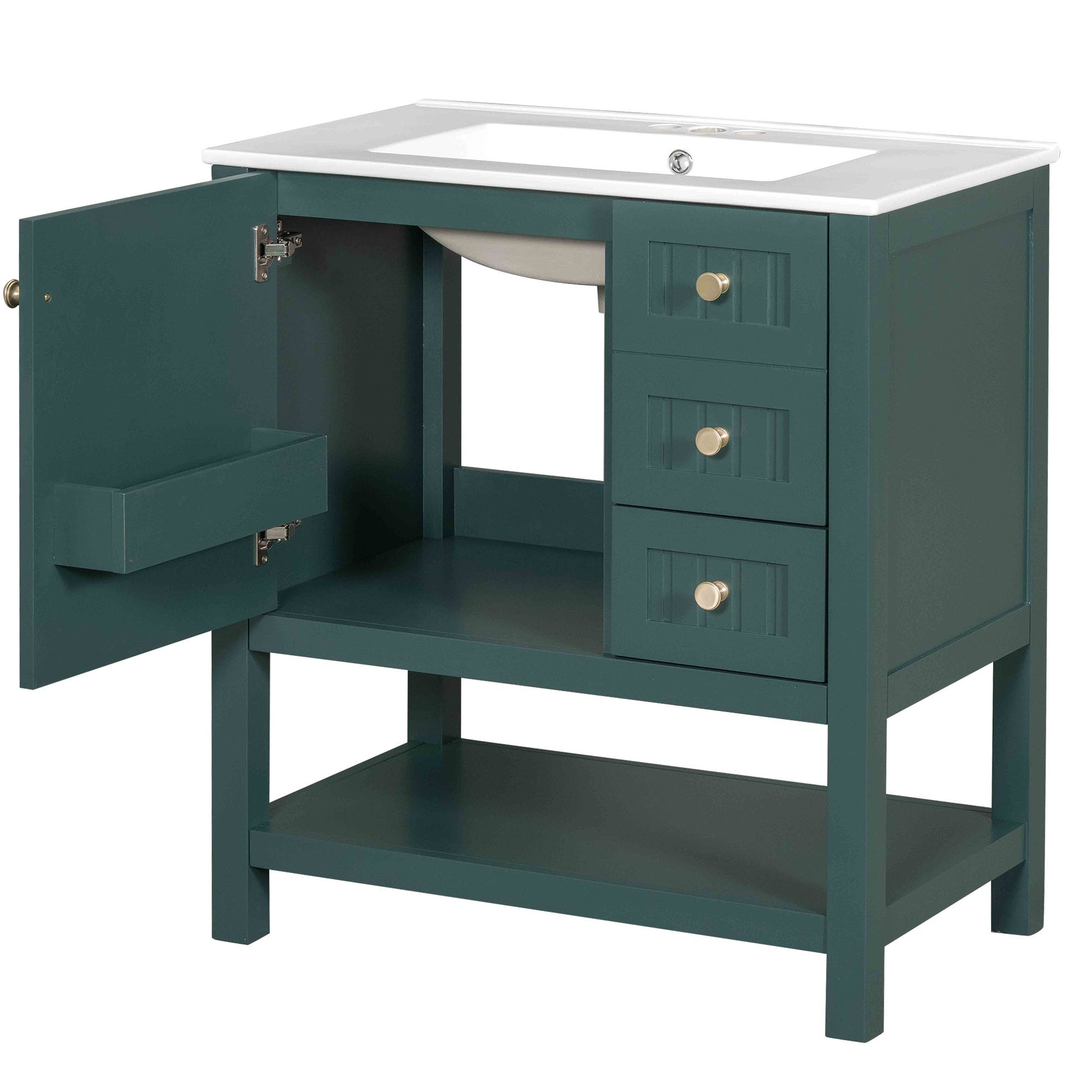30Inch Transitional Style Bathroom Vanity Cabinet Combo With Ceramic Sink Green Bathroom Solid Wood Mdf