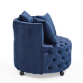 Velvet Upholstered Swivel Chair For Living Room, With Button Tufted Design And Movable Wheels, Including 3 Pillows, Blue Blue Foam