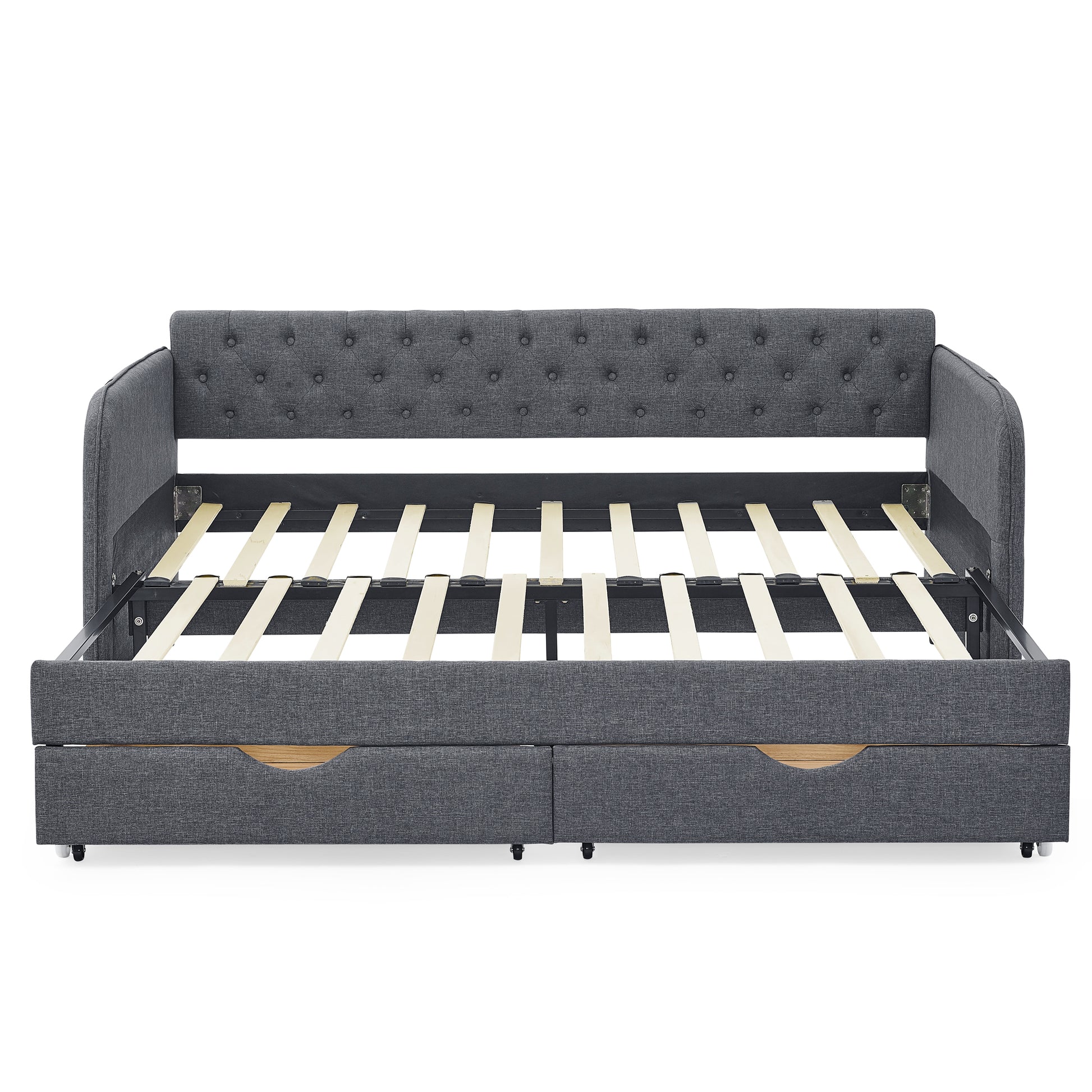 Twin Size Upholstery Daybed With Trundle Bed And Two Storage Drawersflat Arms With Pocket, Extendable Daybed For Bedroom Living Room,Linen Dark Gray Twin Dark Gray Linen