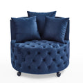 Velvet Upholstered Swivel Chair For Living Room, With Button Tufted Design And Movable Wheels, Including 3 Pillows, Blue Blue Foam