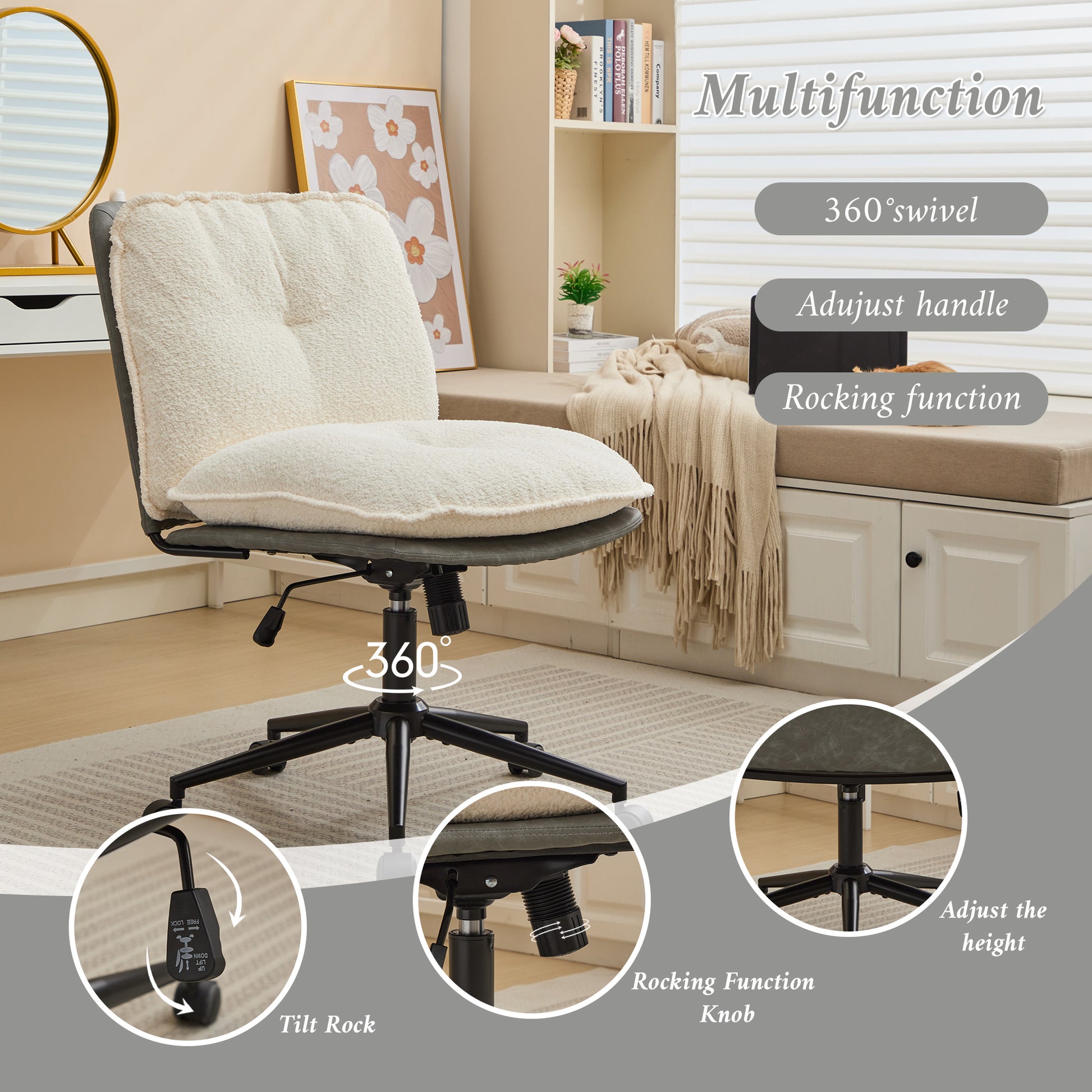 Oversize Seat Cirss Cross Chair With Wheels, Elegant Design Computer Chair, Adjustable Height 360 Rolling Swivel Home Office Chair For Small Space, Dressing Room, Living Room Gray White Dark Gray White Primary Living Space Casual Foam Pu Leather