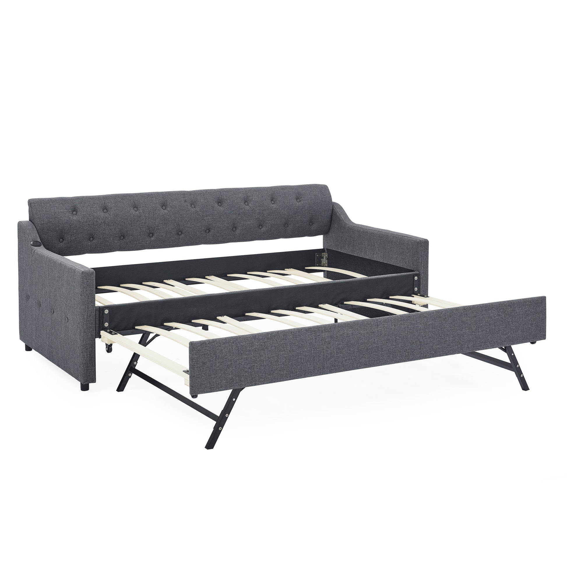 Twin Size Upholstery Daybed With Twin Size Erectable Trundle And Usb Charging Design, Linen Dark Gray Twin Dark Gray Linen
